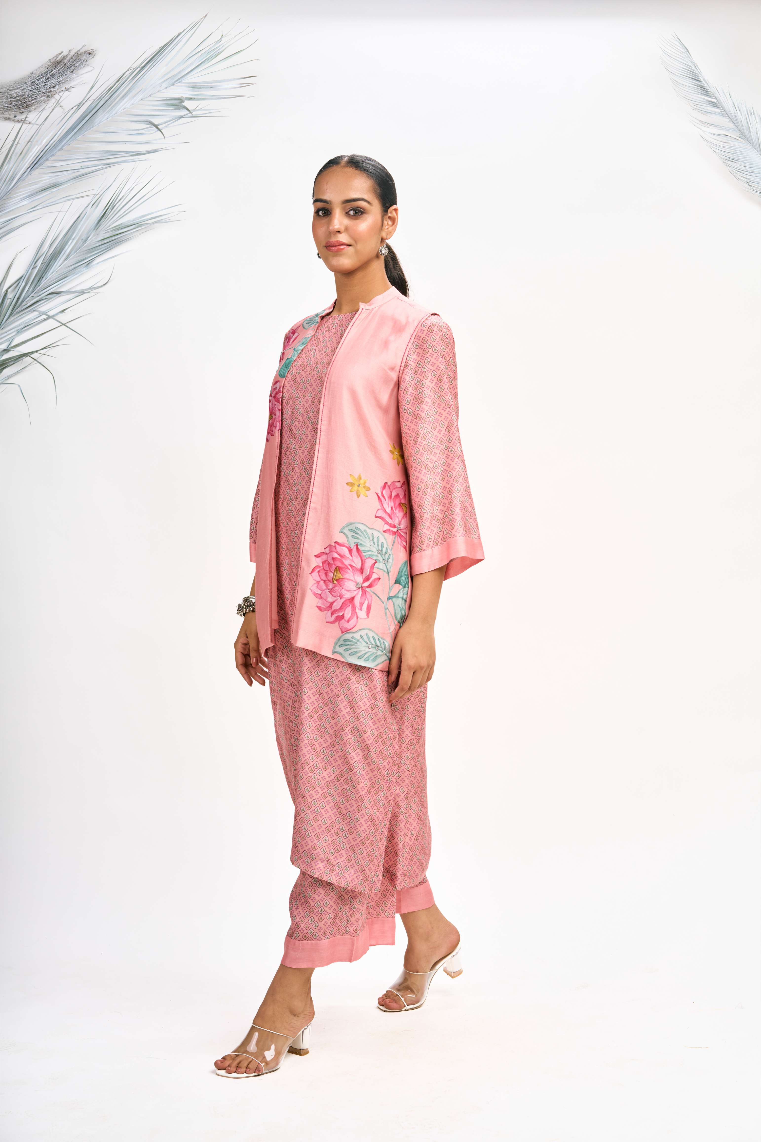 Peach Digital Printed Jacket with Kurta Set