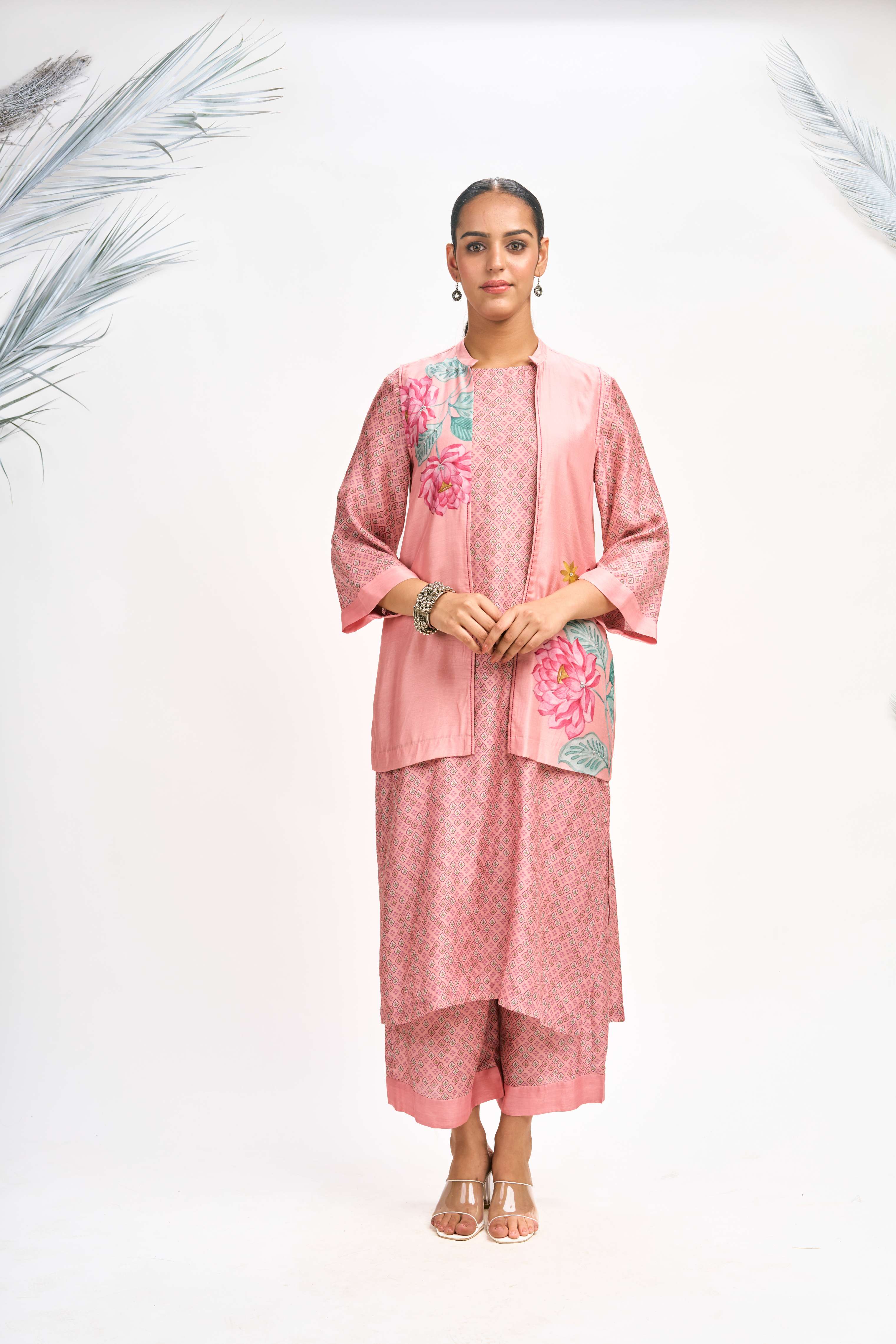 Peach Digital Printed Jacket with Kurta Set