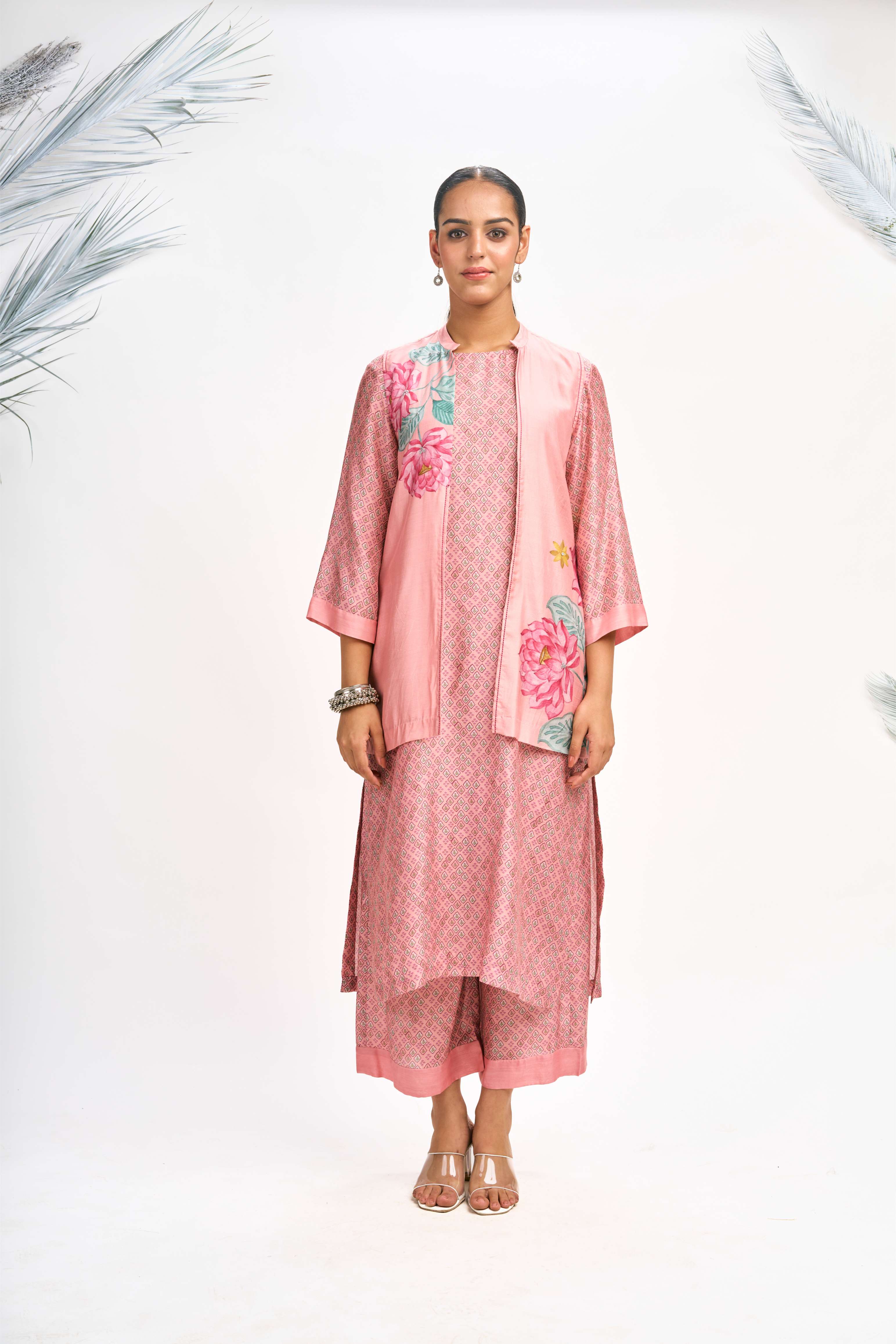 Peach Digital Printed Jacket with Kurta Set