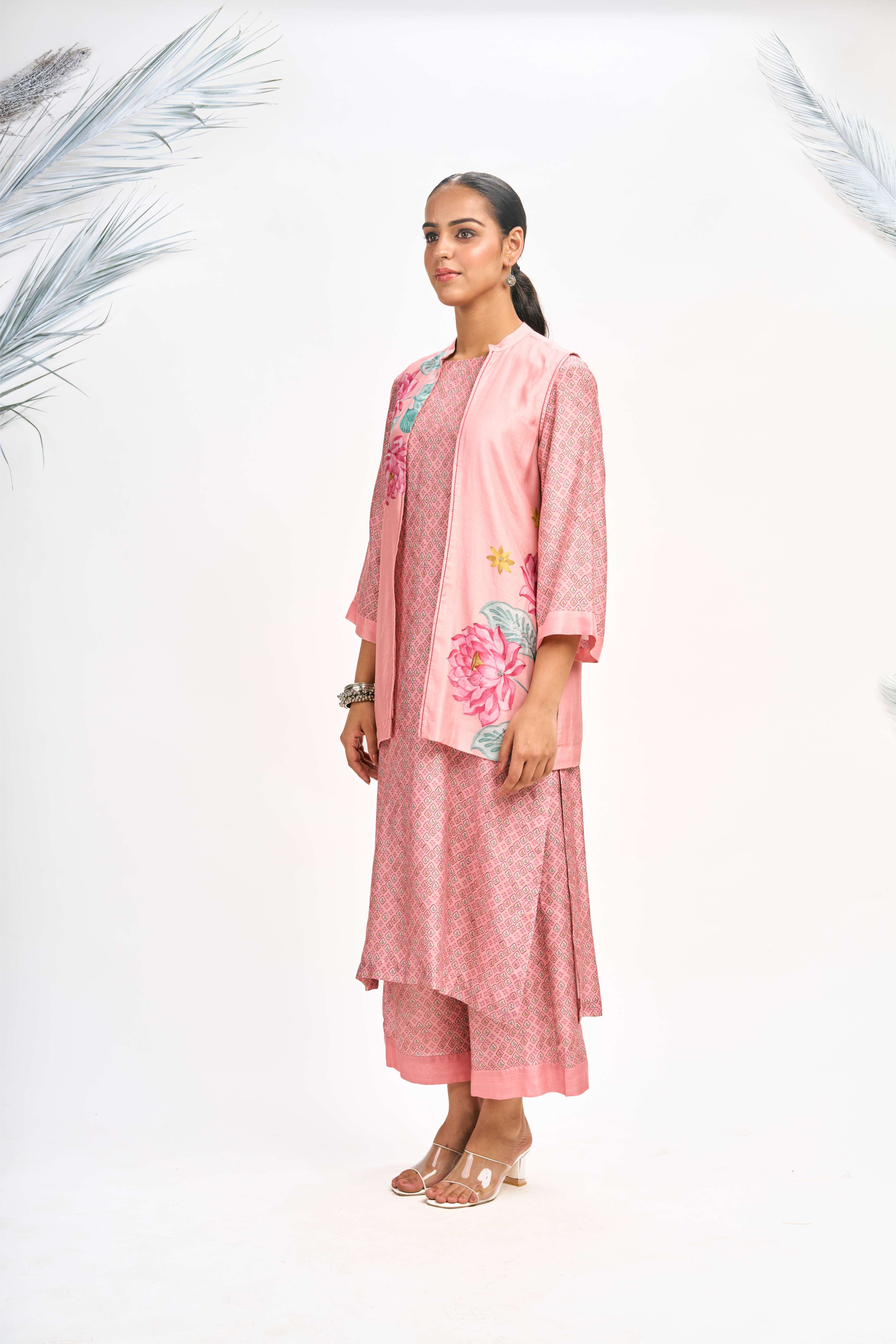 Peach Digital Printed Jacket with Kurta Set