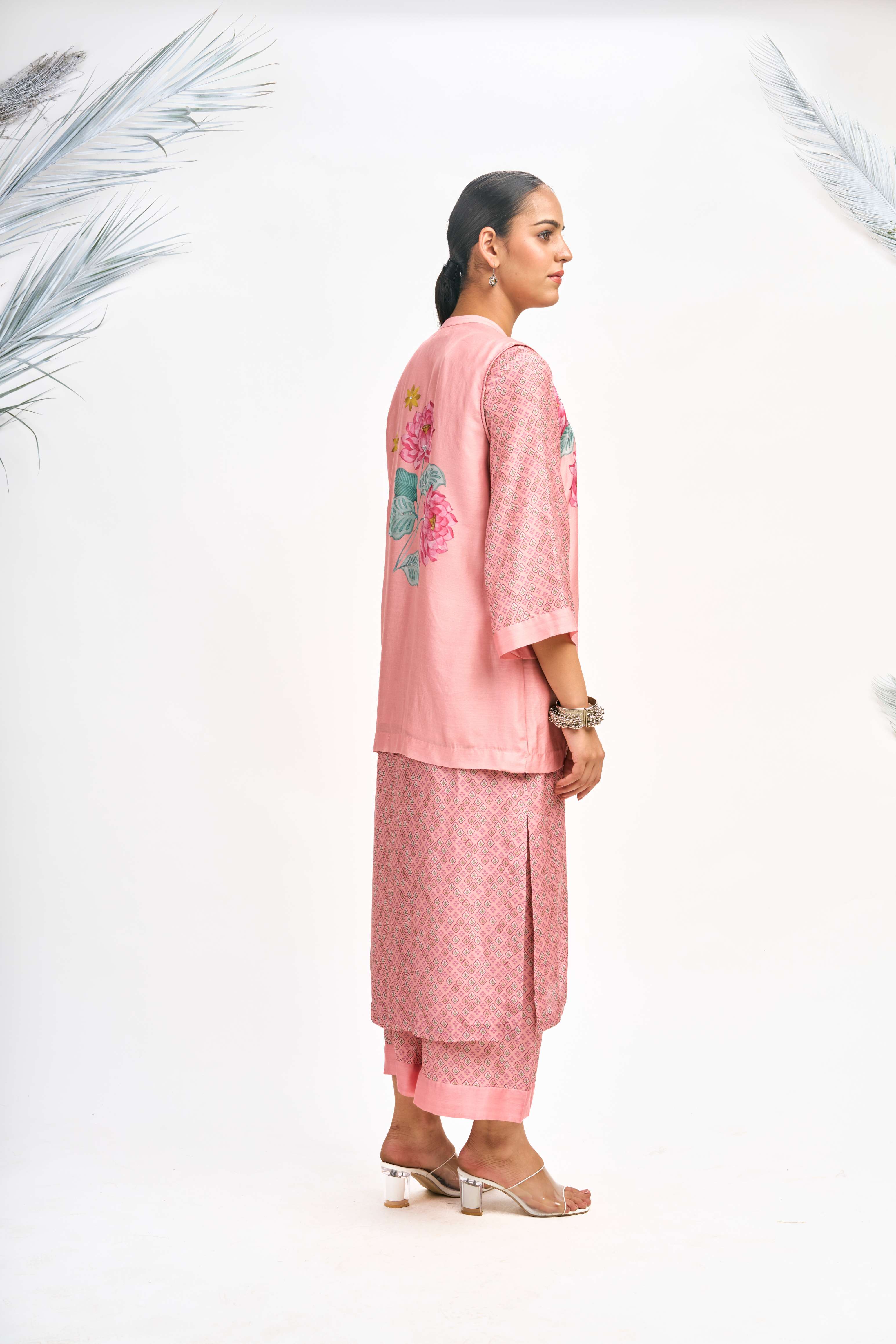 Peach Digital Printed Jacket with Kurta Set