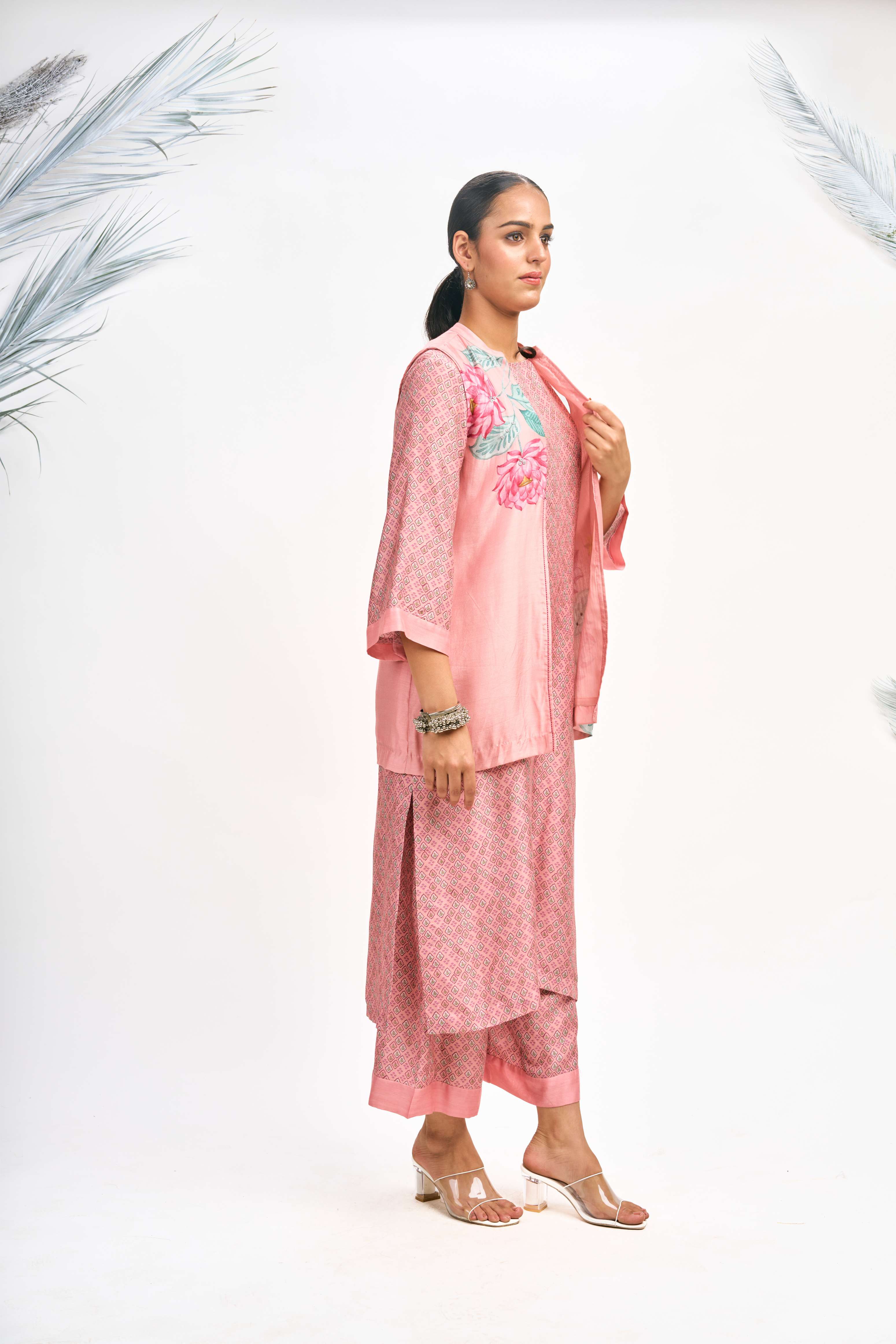 Peach Digital Printed Jacket with Kurta Set