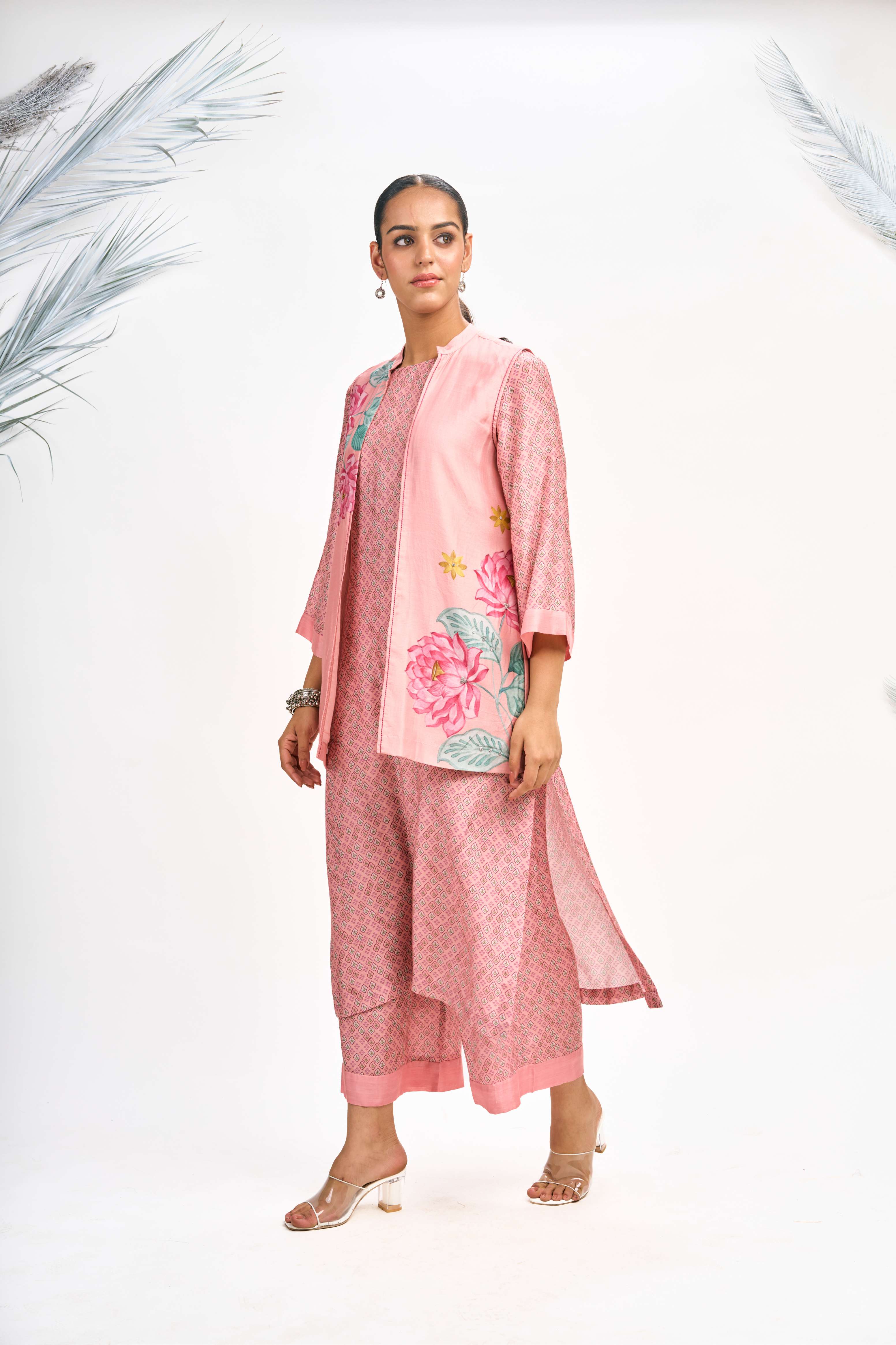 Peach Digital Printed Jacket with Kurta Set