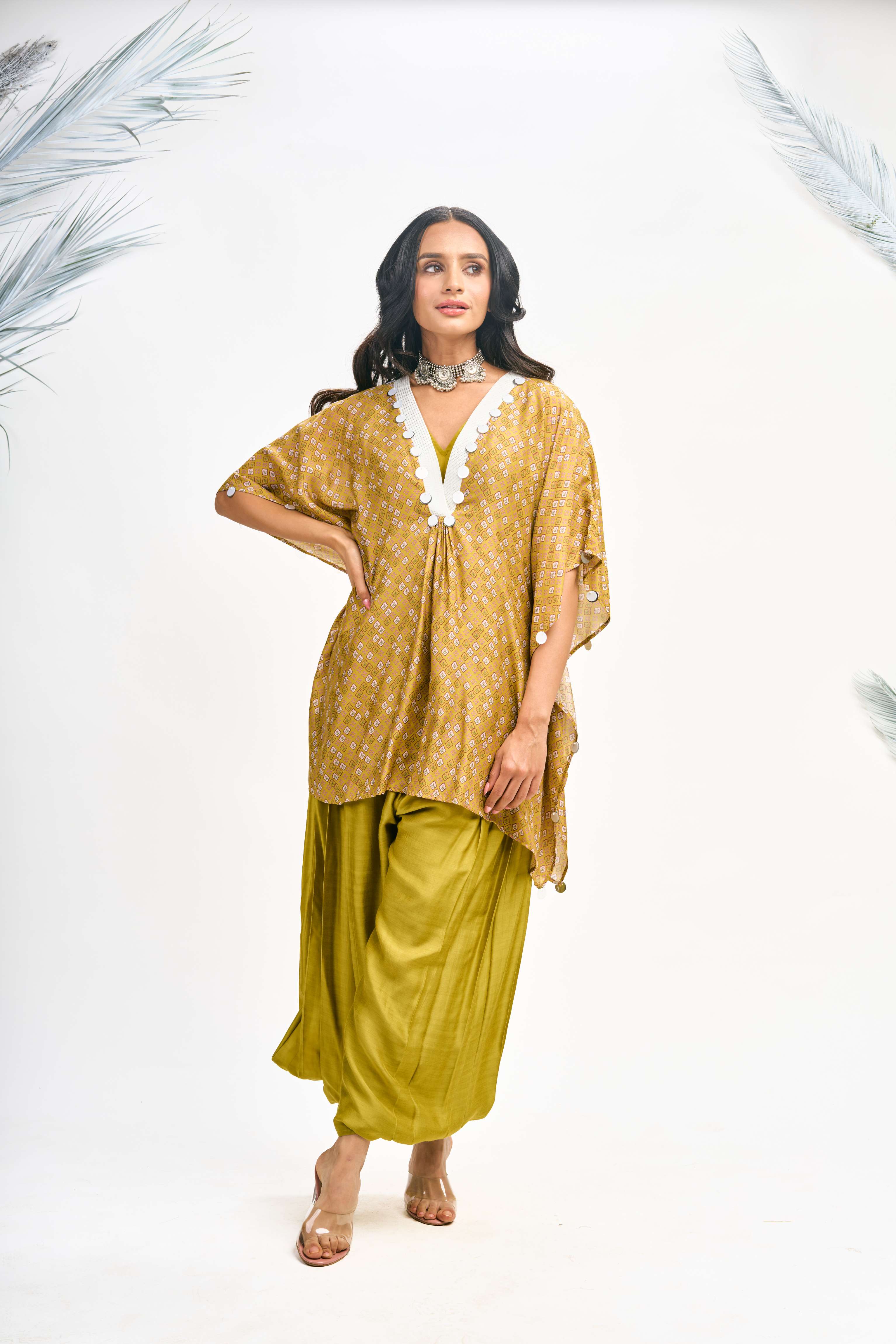 Mustard Green Digital Printed Kaftaan Co-ord Set