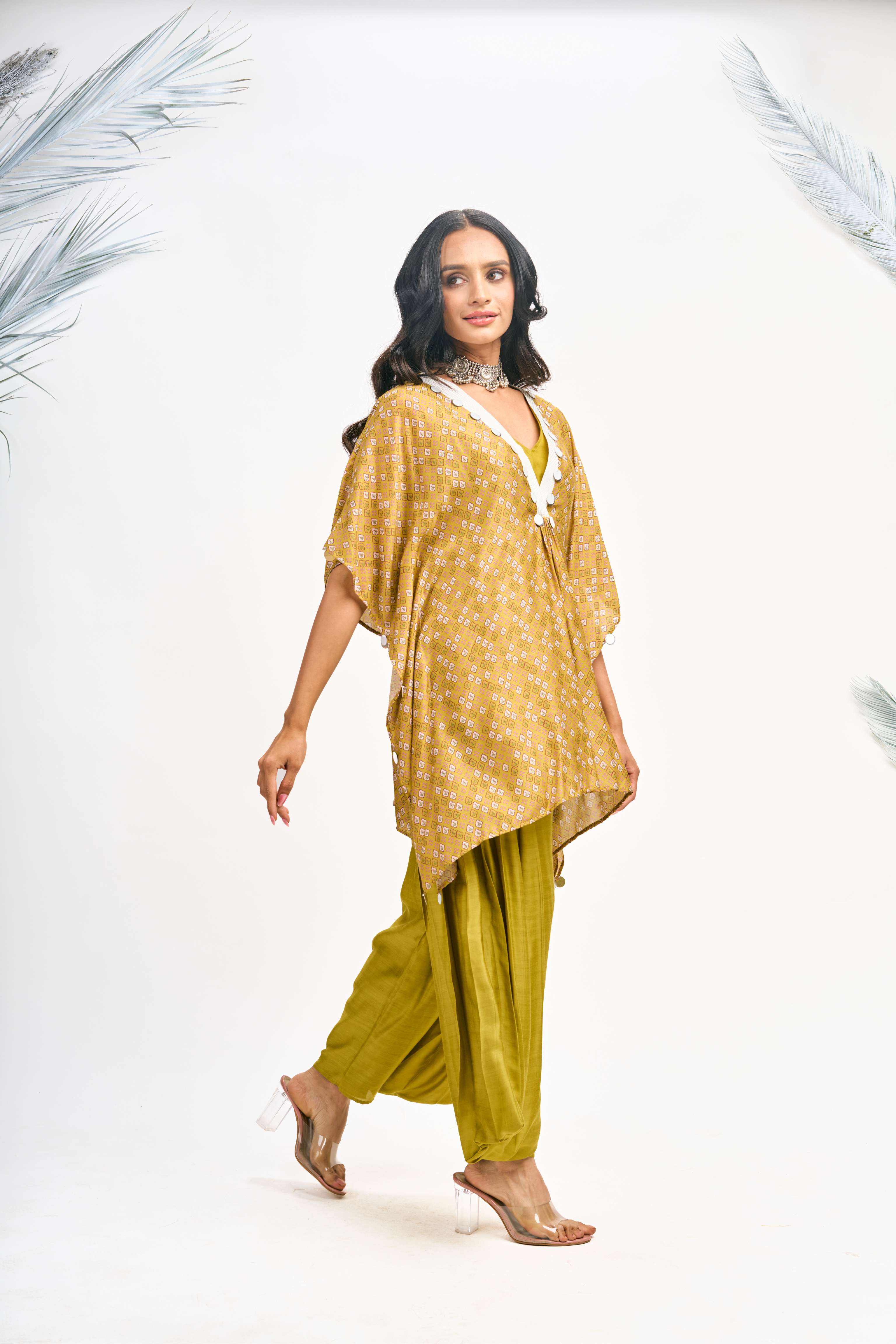 Mustard Green Digital Printed Kaftaan Co-ord Set