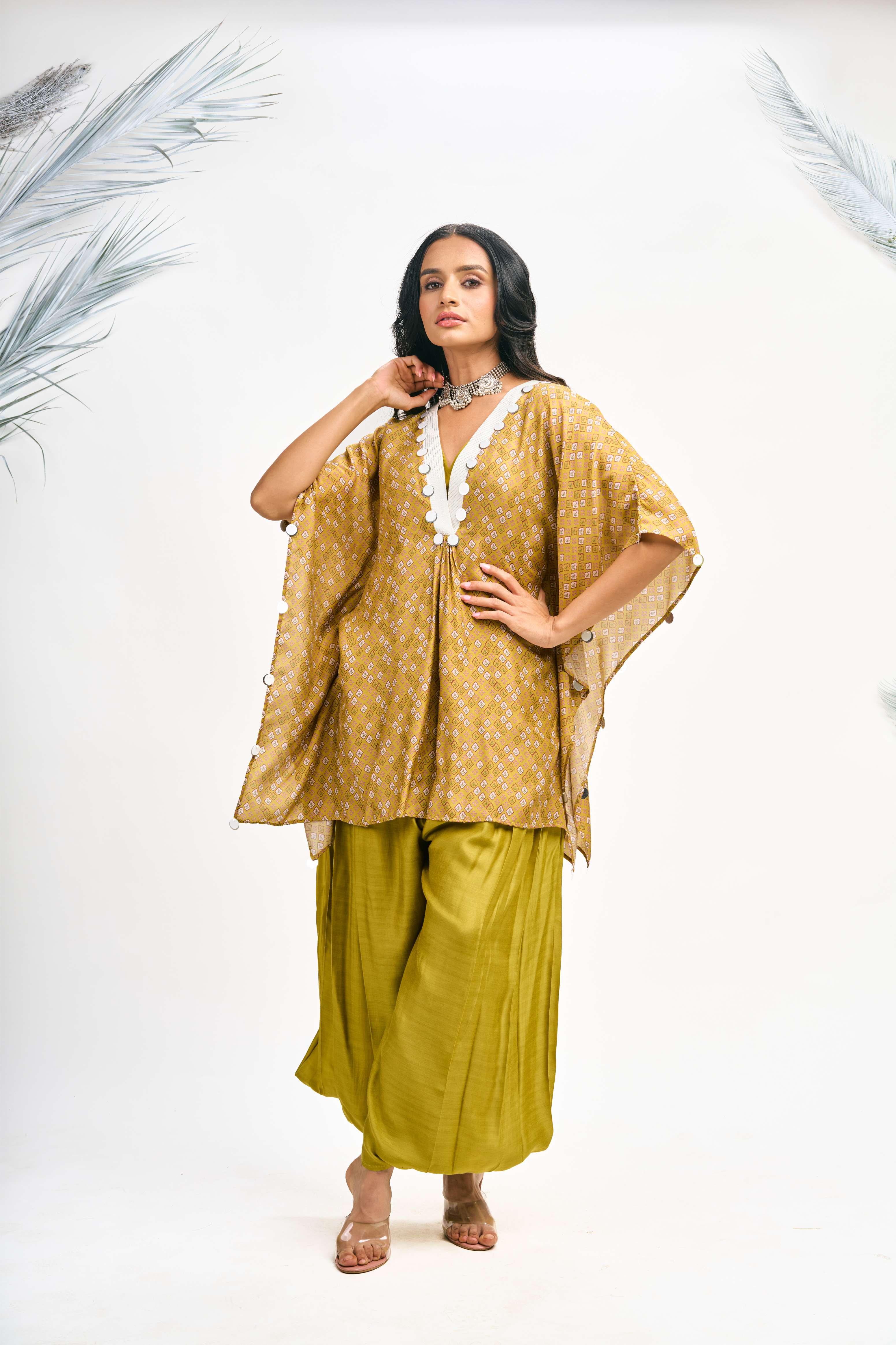 Mustard Green Digital Printed Kaftaan Co-ord Set