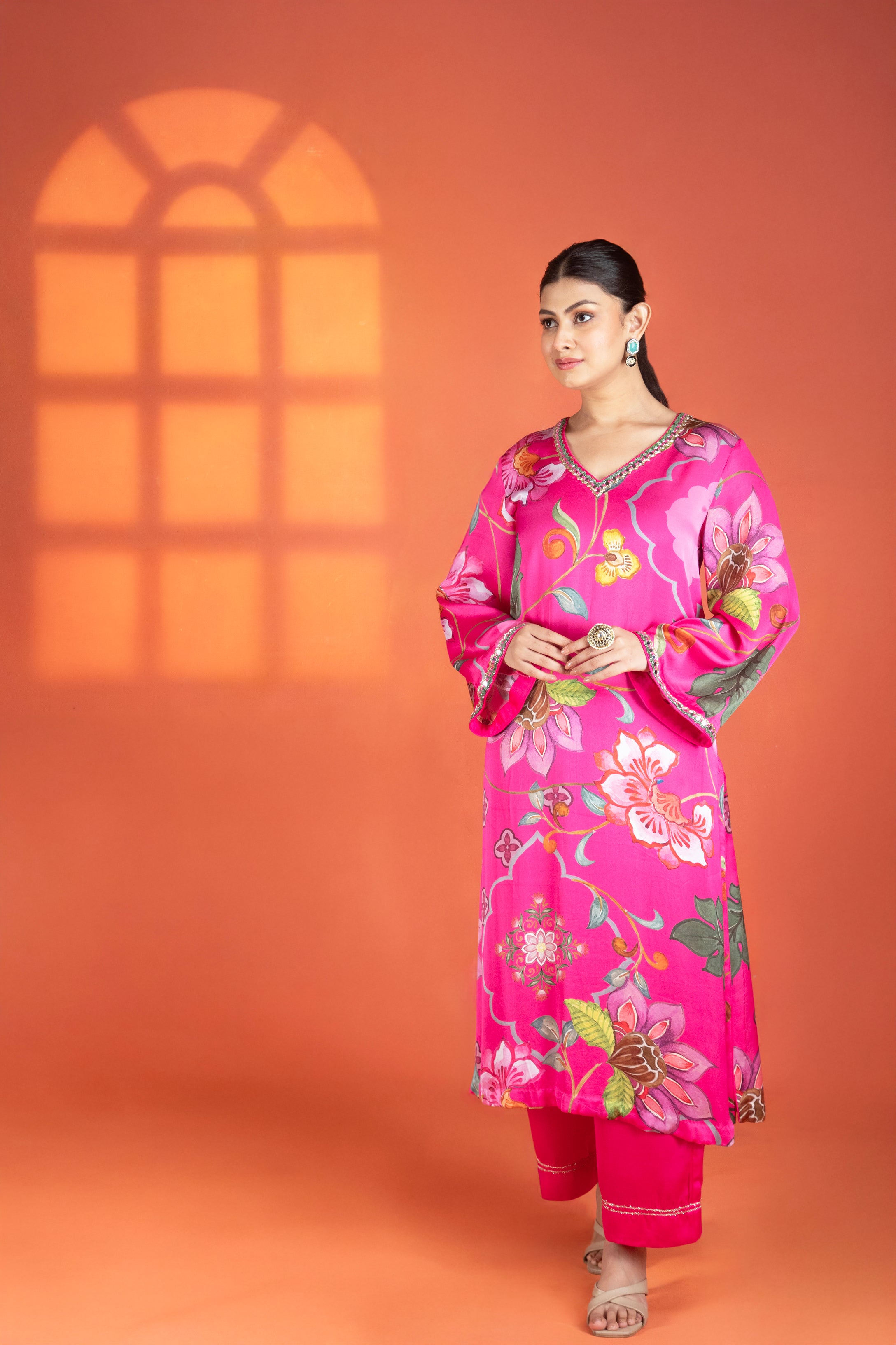 Fushia Floral Printed Kurta with Pants & Dupatta