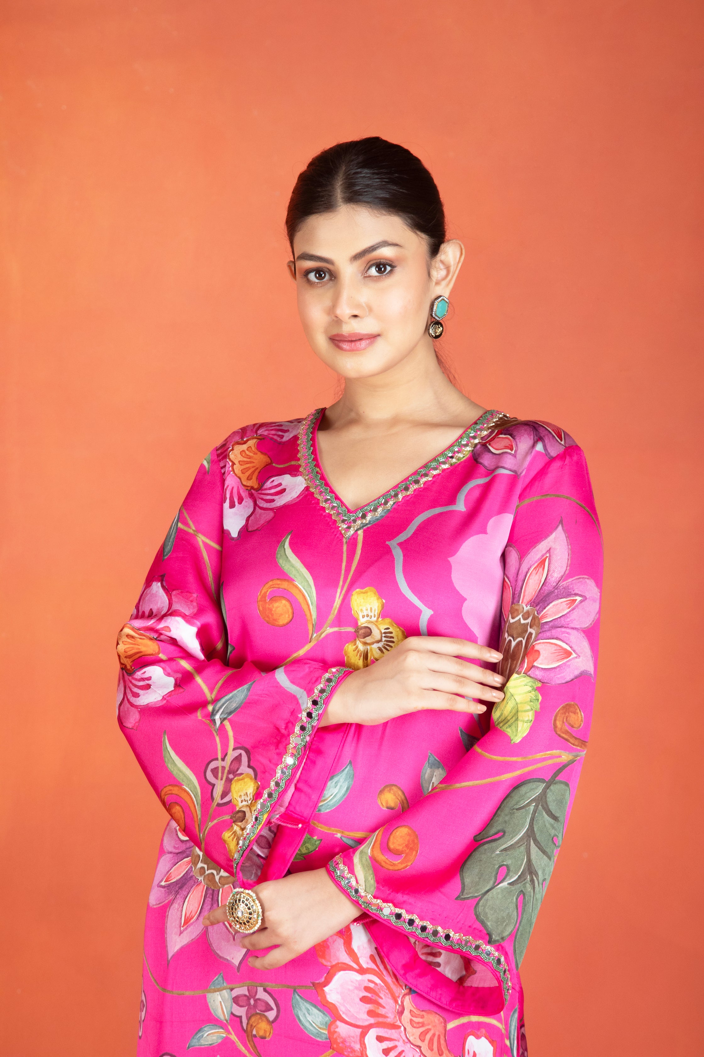 Fushia Floral Printed Kurta with Pants & Dupatta