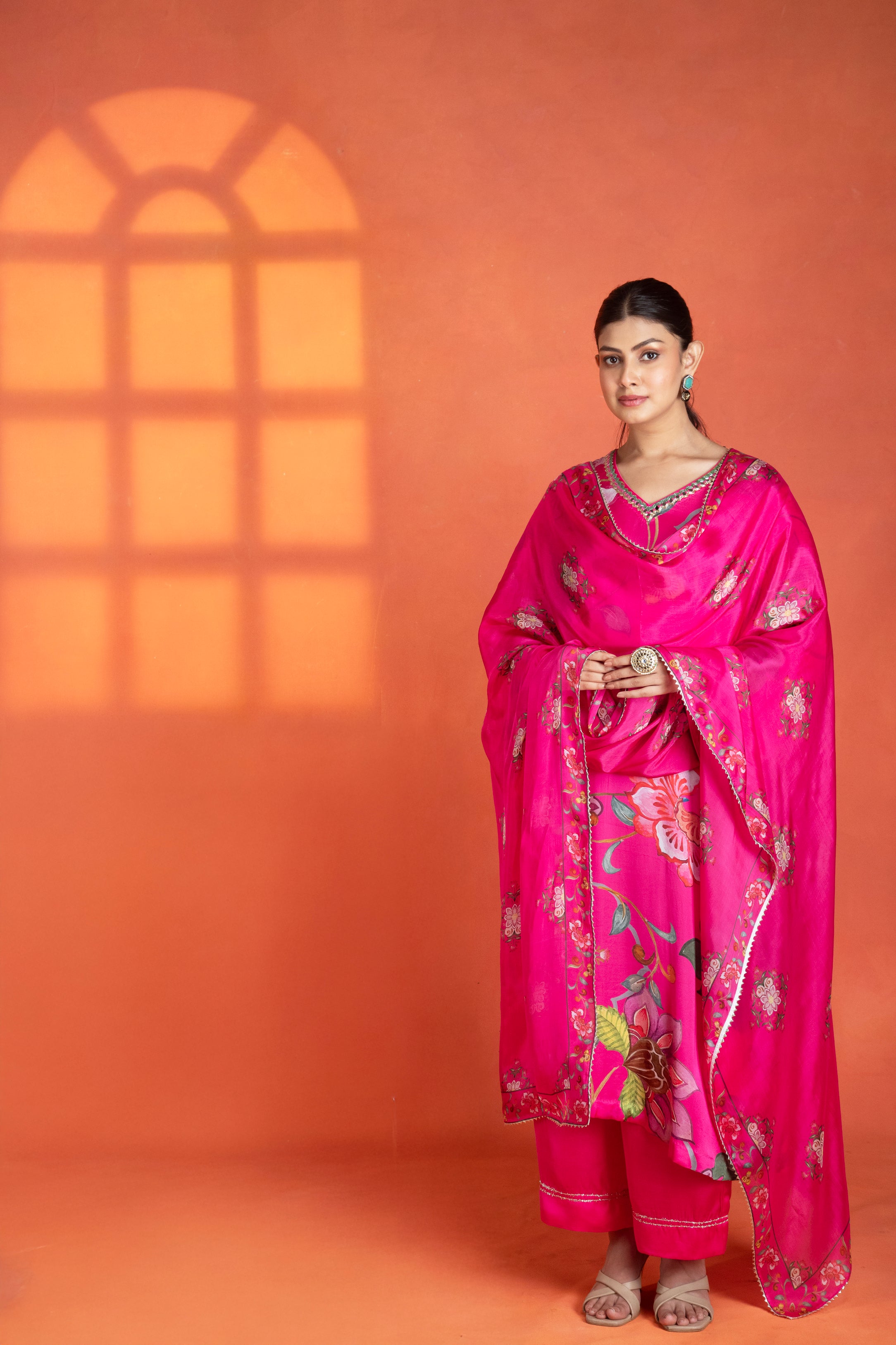 Fushia Floral Printed Kurta with Pants & Dupatta