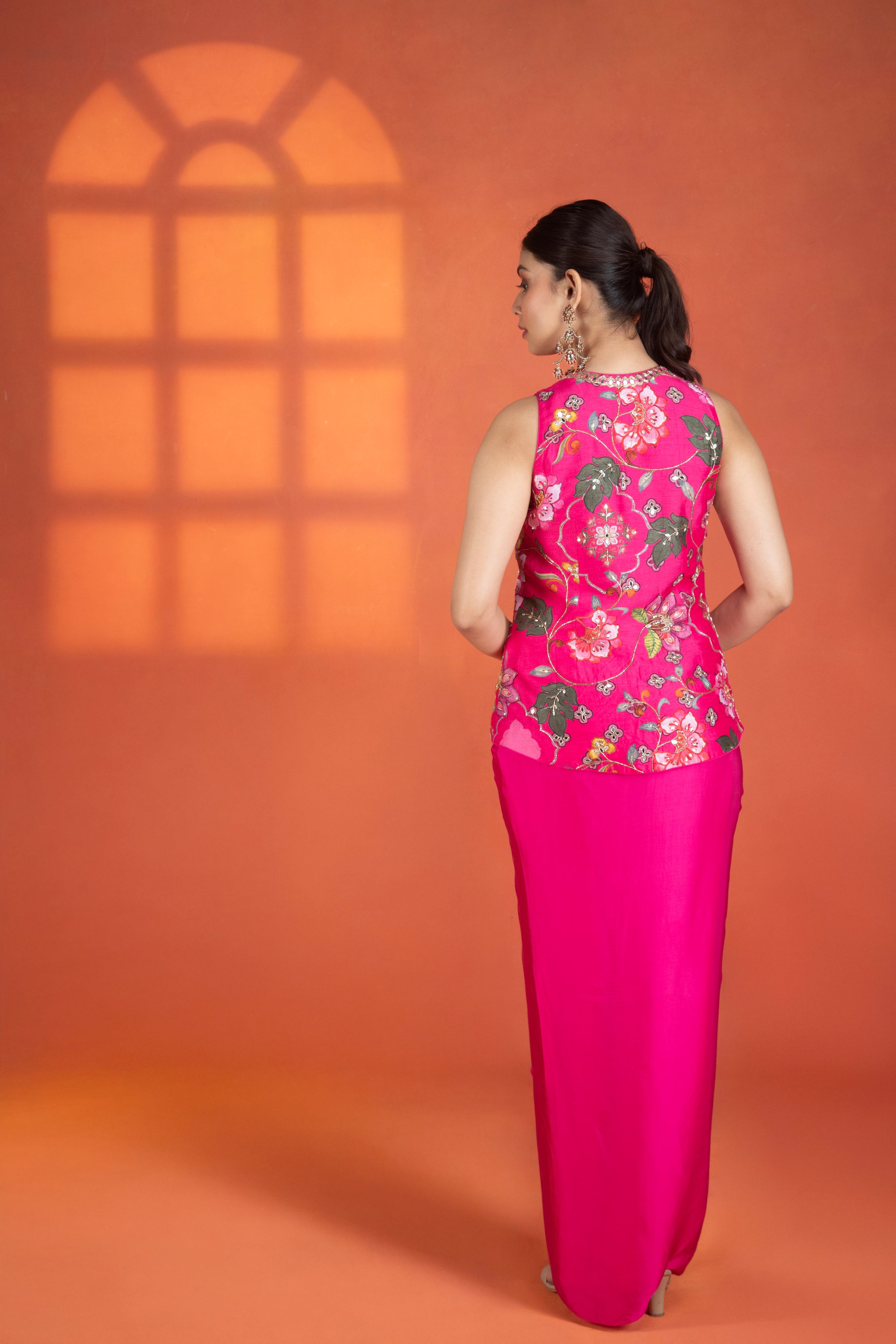 Fuchsia Floral Printed Hand-Embroidered Jacket Styled with Inner & Flowy Drape Skirt