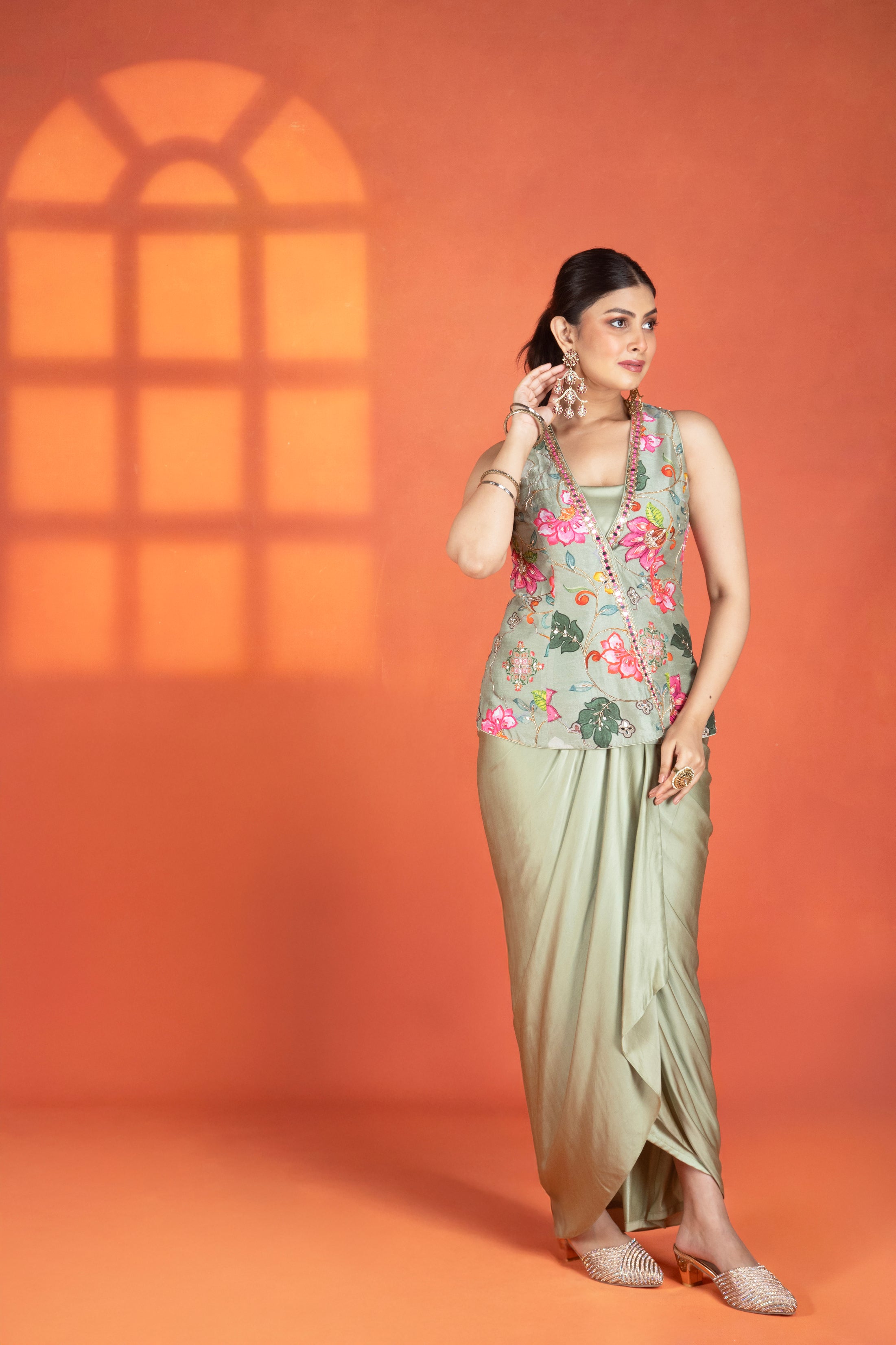 Green Floral Printed Hand-Embroidered Jacket Styled with Inner & Flowy Drape Skirt