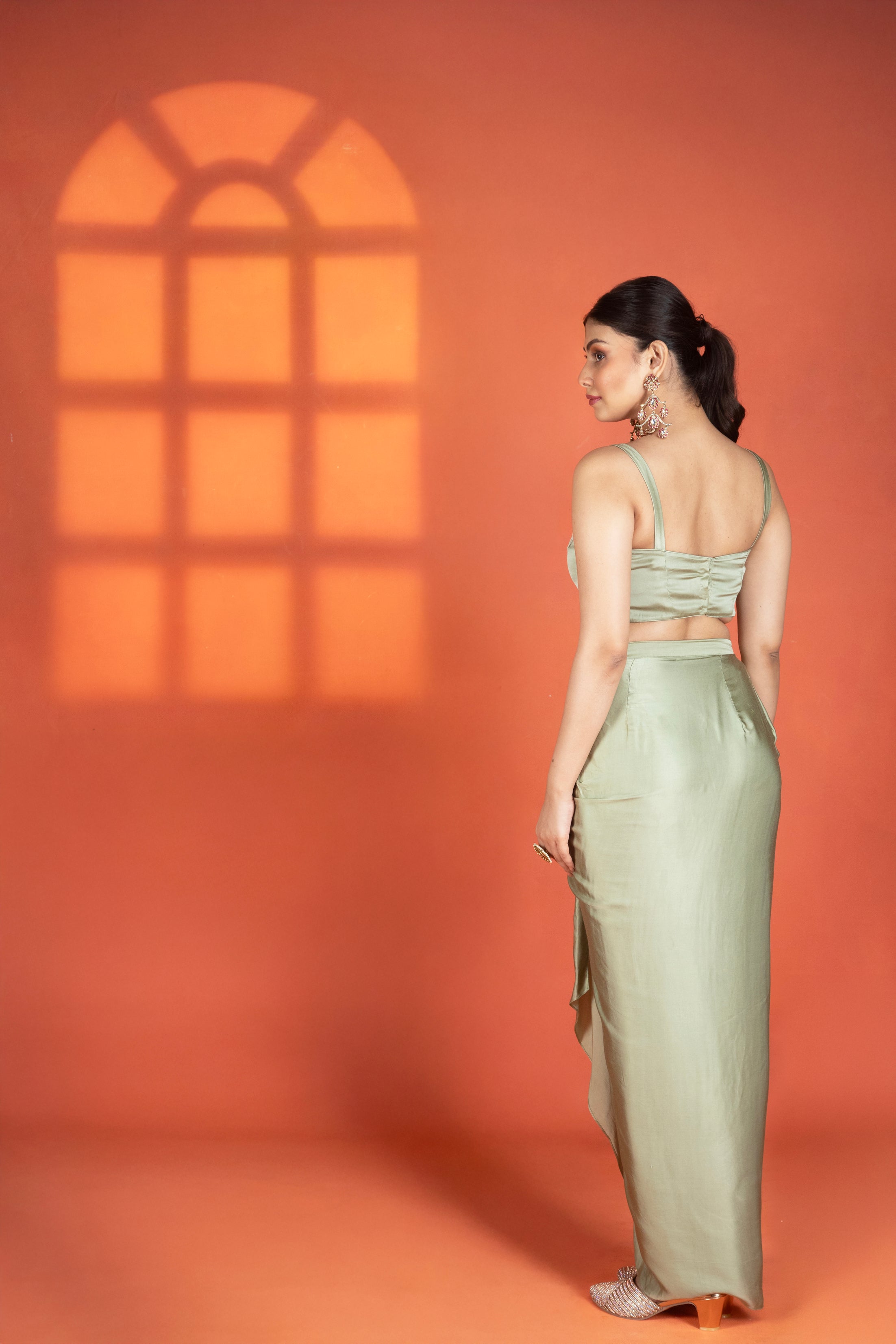 Green Floral Printed Hand-Embroidered Jacket Styled with Inner & Flowy Drape Skirt