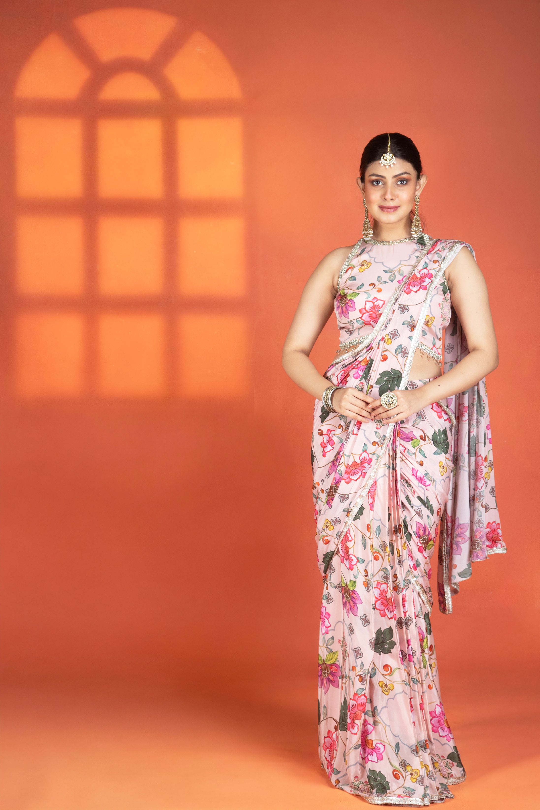 Pink Floral Printed Drape Saree with Mirror Work Halter Neck Blouse