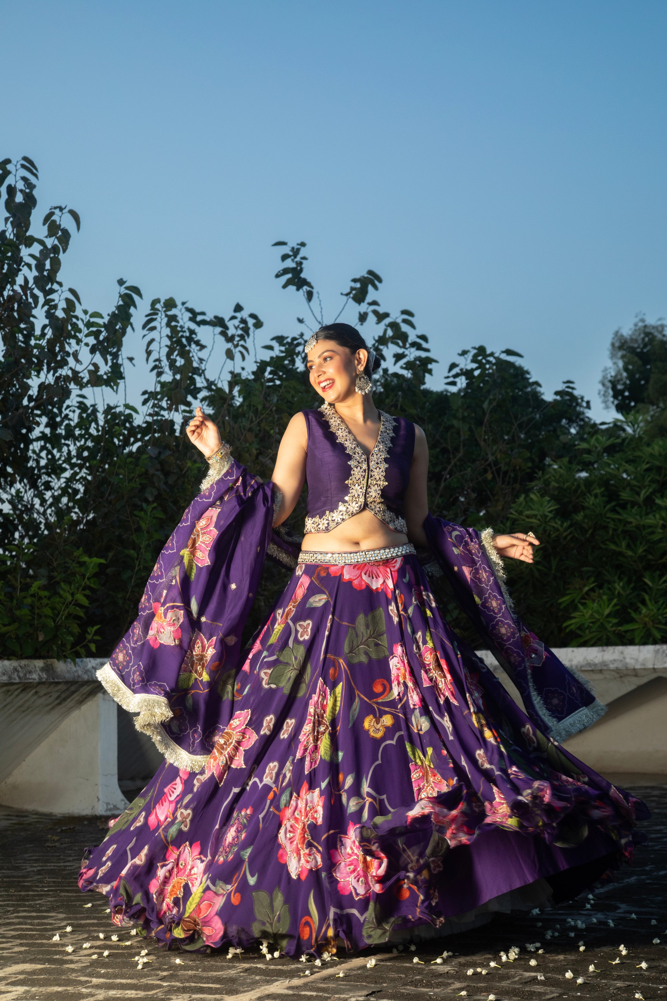 Purple Floral Lehenga With Mirror-Work Waistcoat And Placement Dupatta