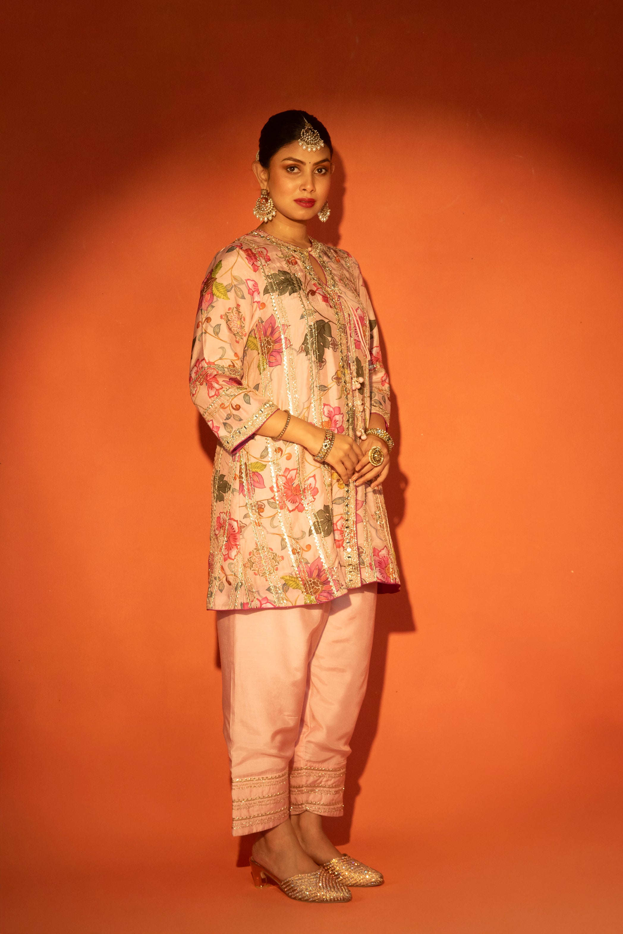 Pink Floral Printed Embroidered Angrakha with Solid Pants & Dupatta