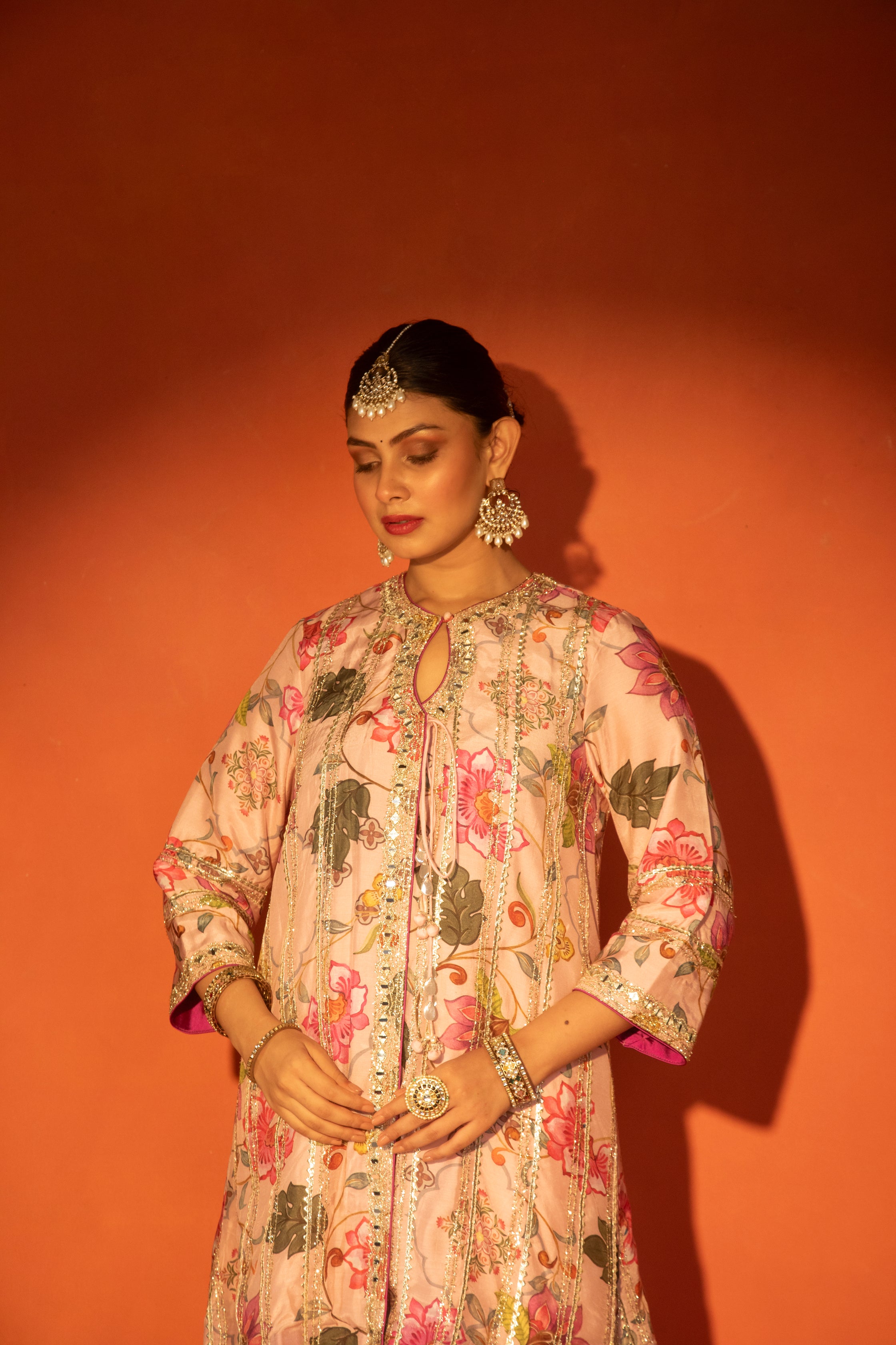 Pink Floral Printed Embroidered Angrakha with Solid Pants & Dupatta