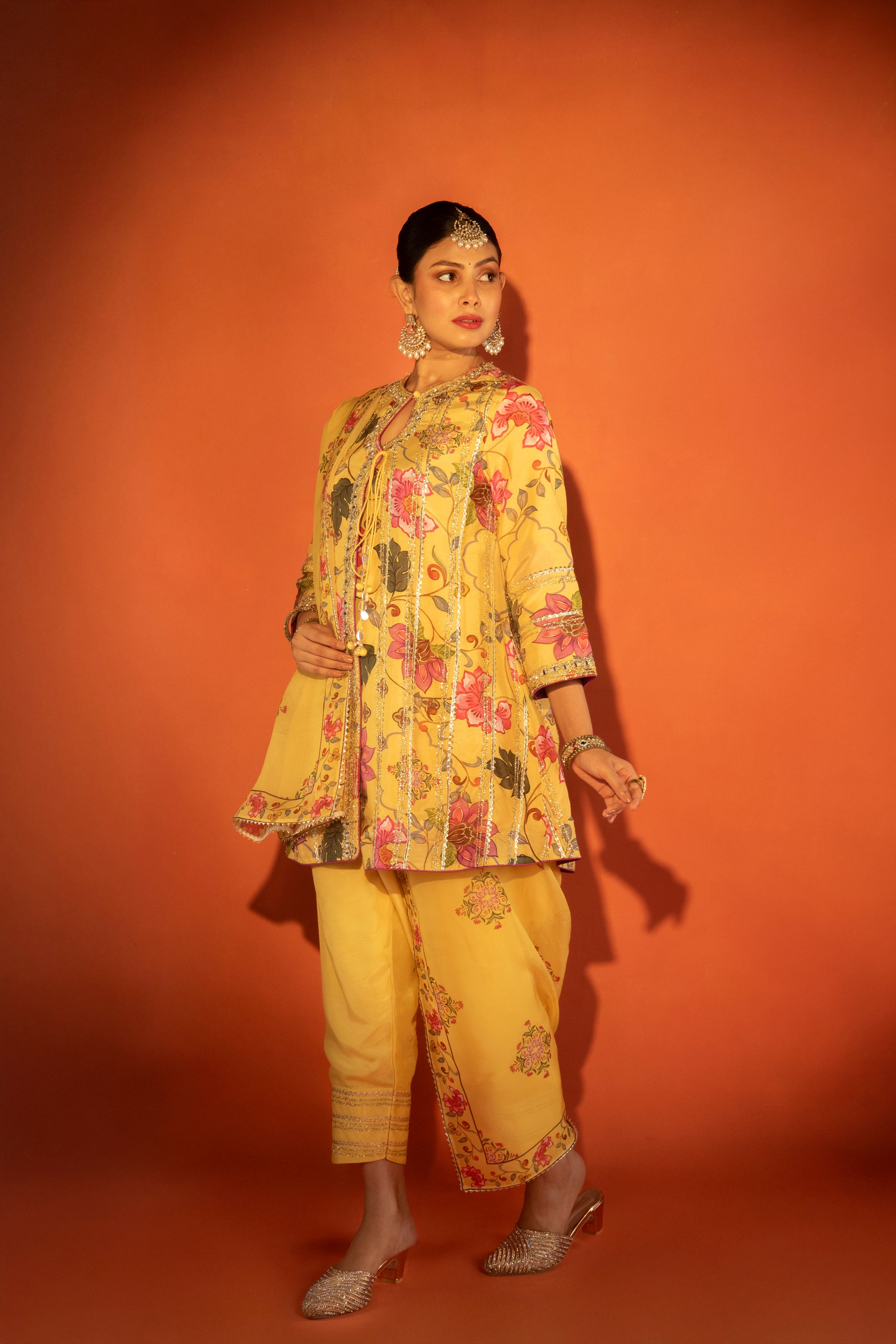Yellow Floral Printed Embroidered Angrakha Paired with Solid Pants & Dupatta