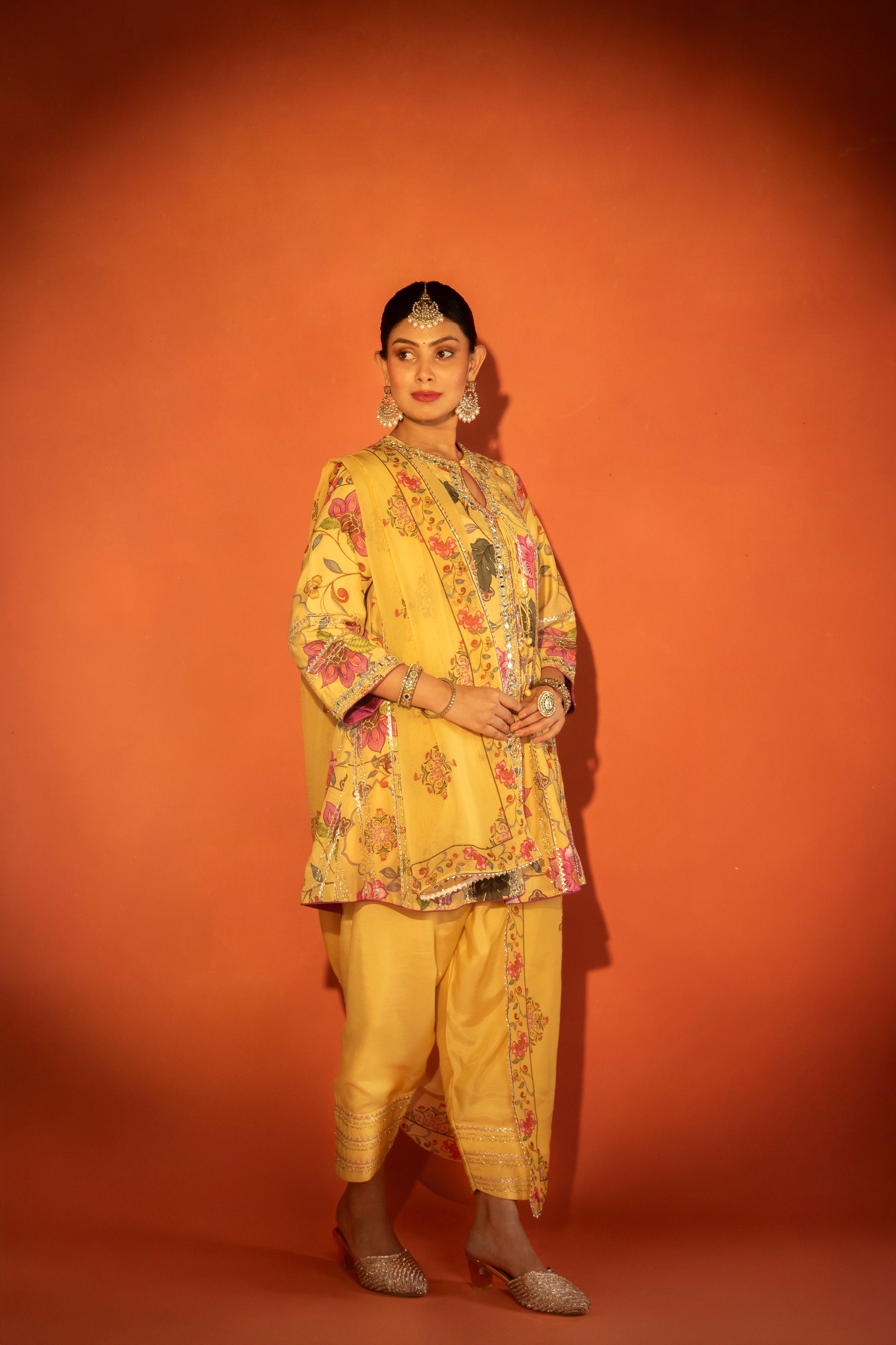 Yellow Floral Printed Embroidered Angrakha Paired with Solid Pants & Dupatta