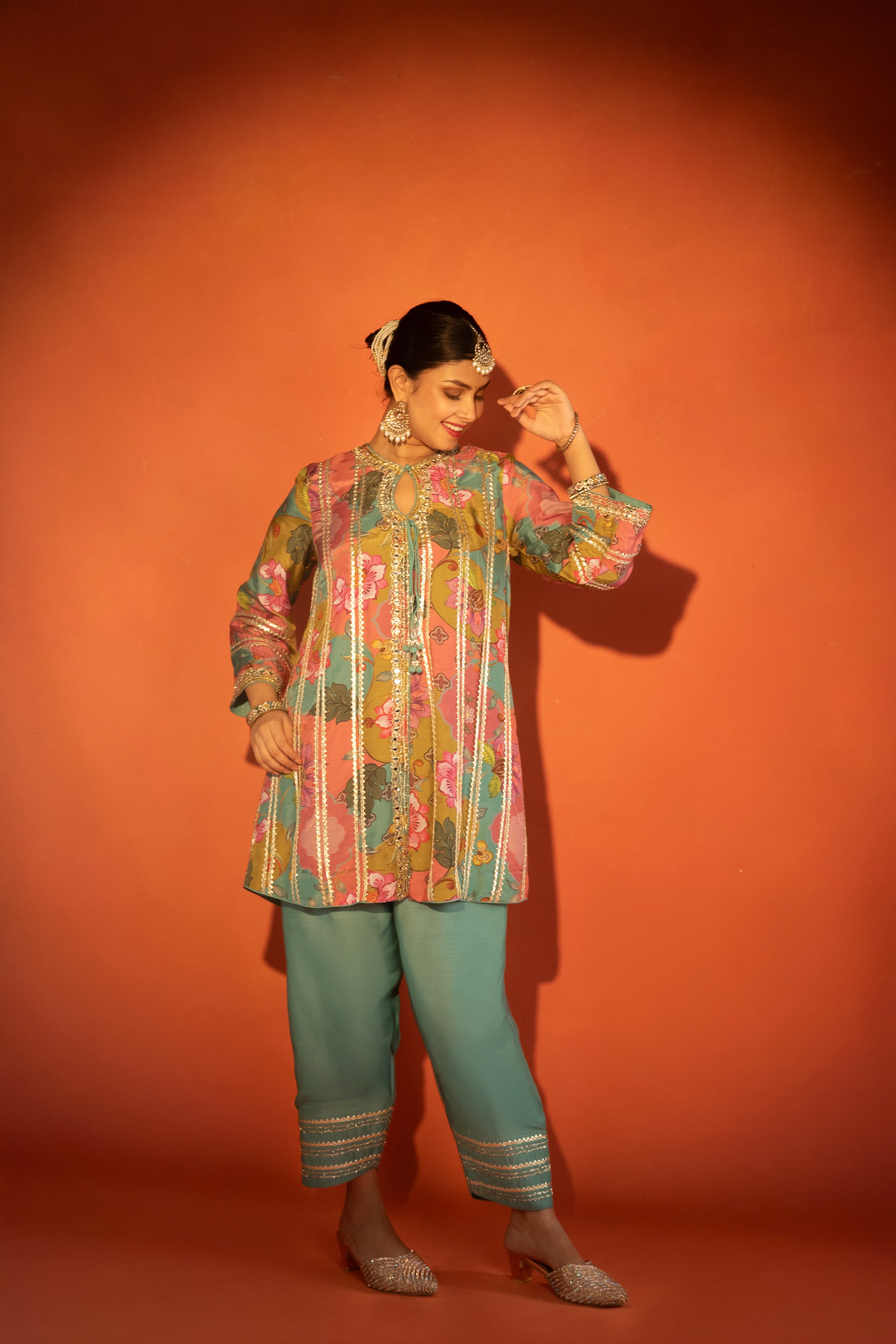 Multi-Color Floral Printed Embroidered Angrakha Paired with Solid Pants & Dupatta