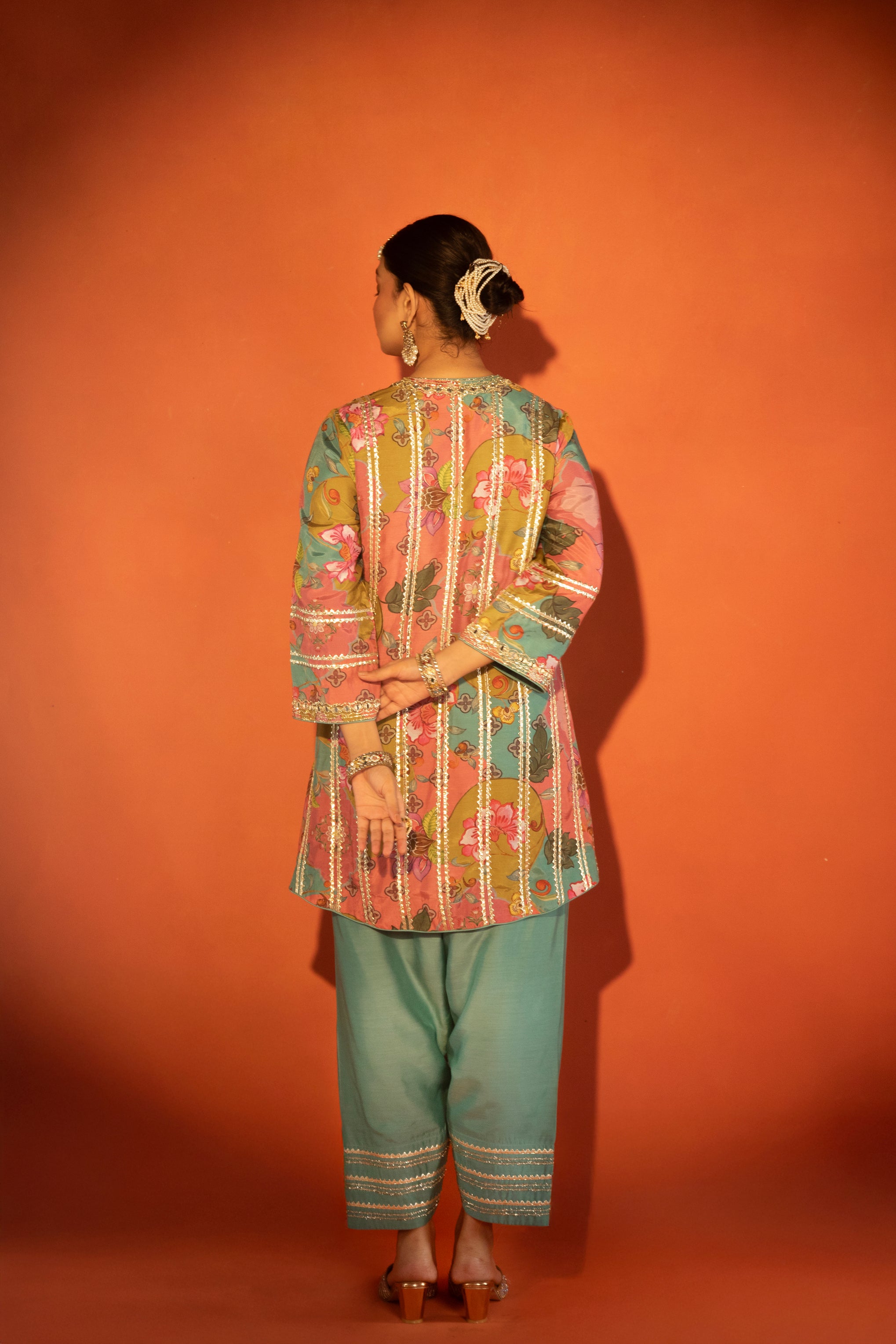 Multi-Color Floral Printed Embroidered Angrakha Paired with Solid Pants & Dupatta