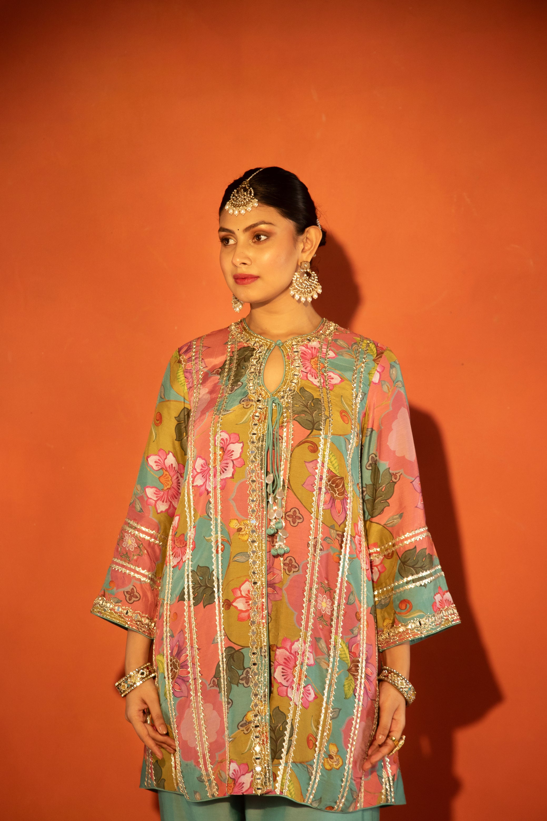 Multi-Color Floral Printed Embroidered Angrakha Paired with Solid Pants & Dupatta
