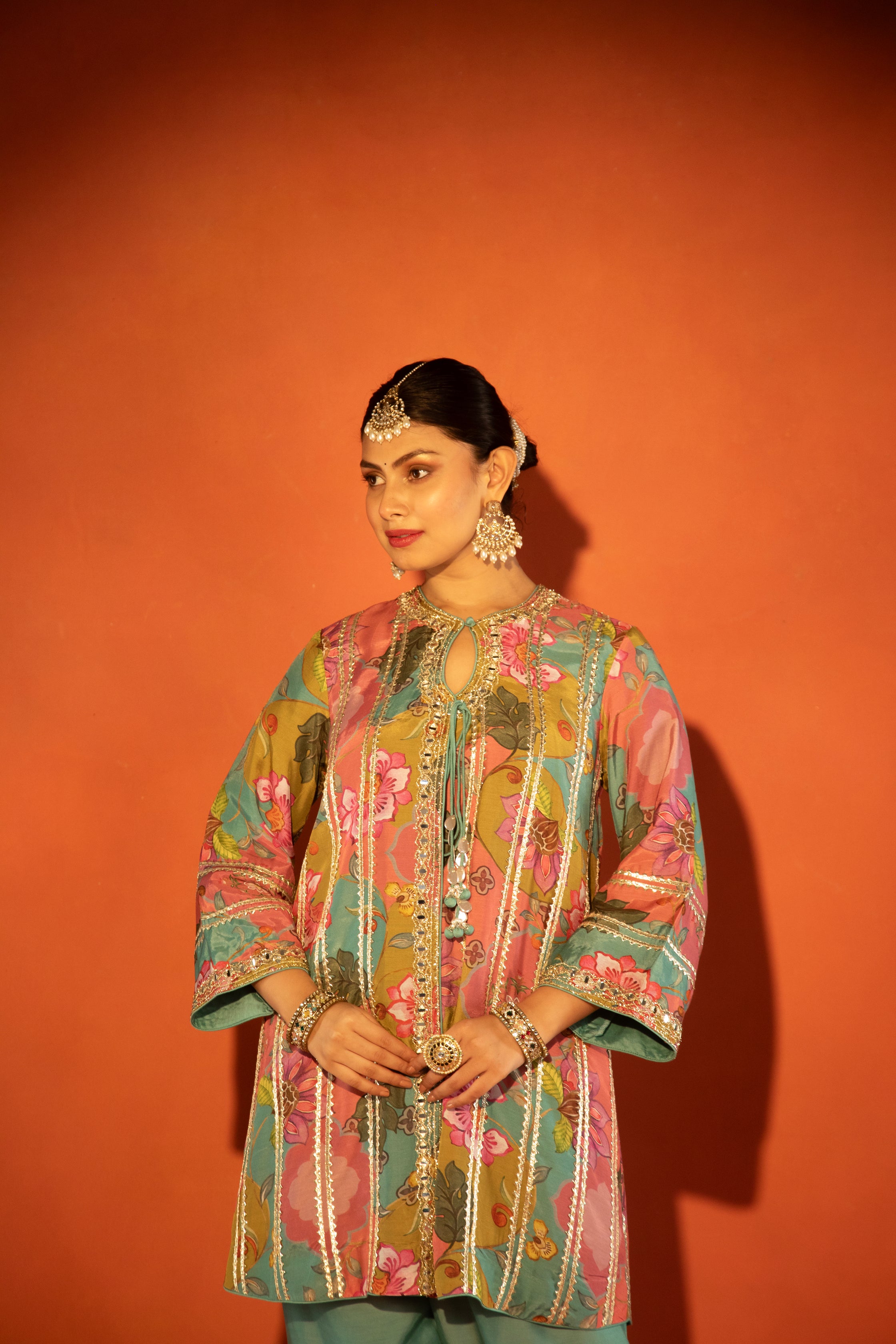 Multi-Color Floral Printed Embroidered Angrakha Paired with Solid Pants & Dupatta