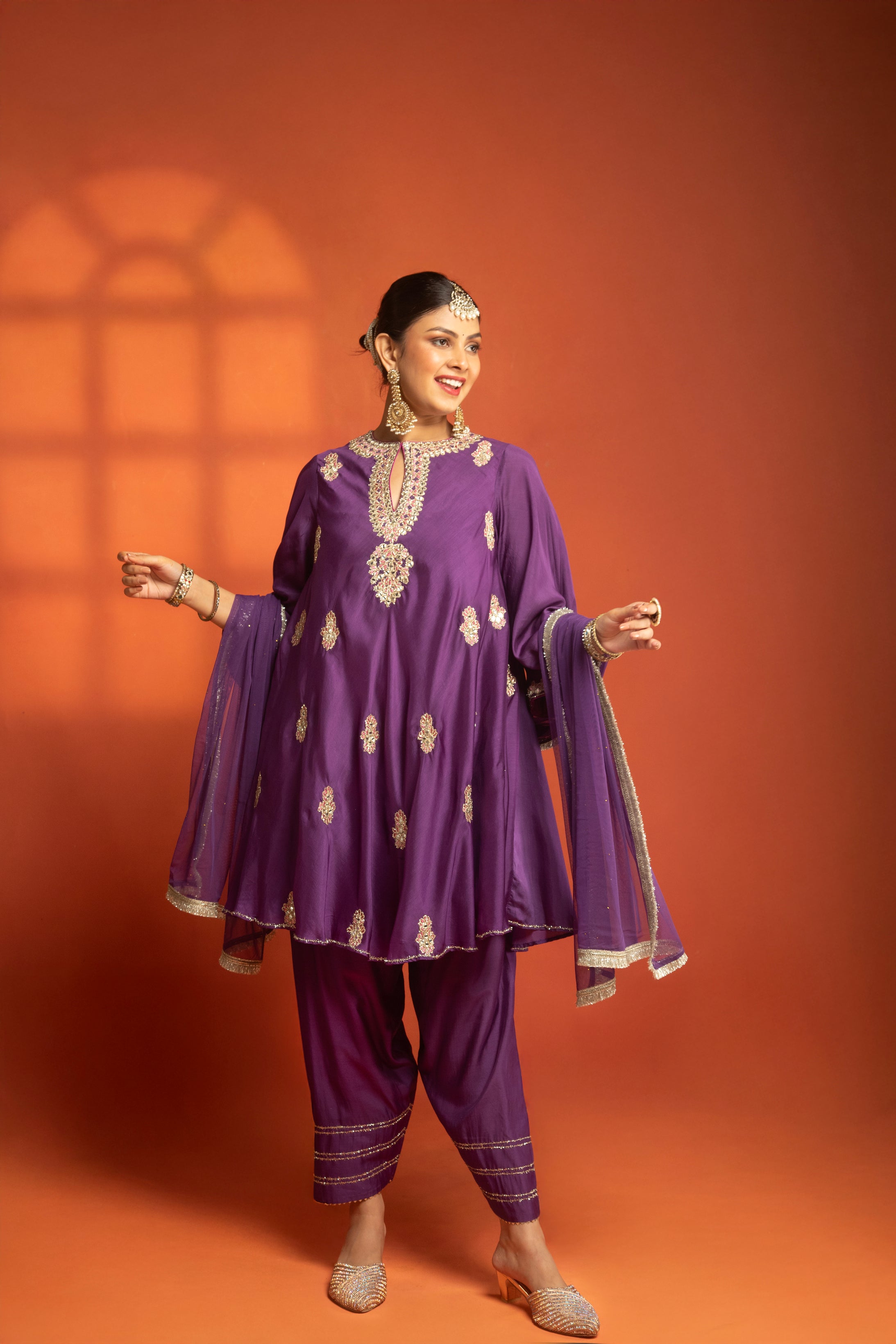 Purple Short Flared Kurta with Embroidery, Paired with Salwar Pants & Dupatta