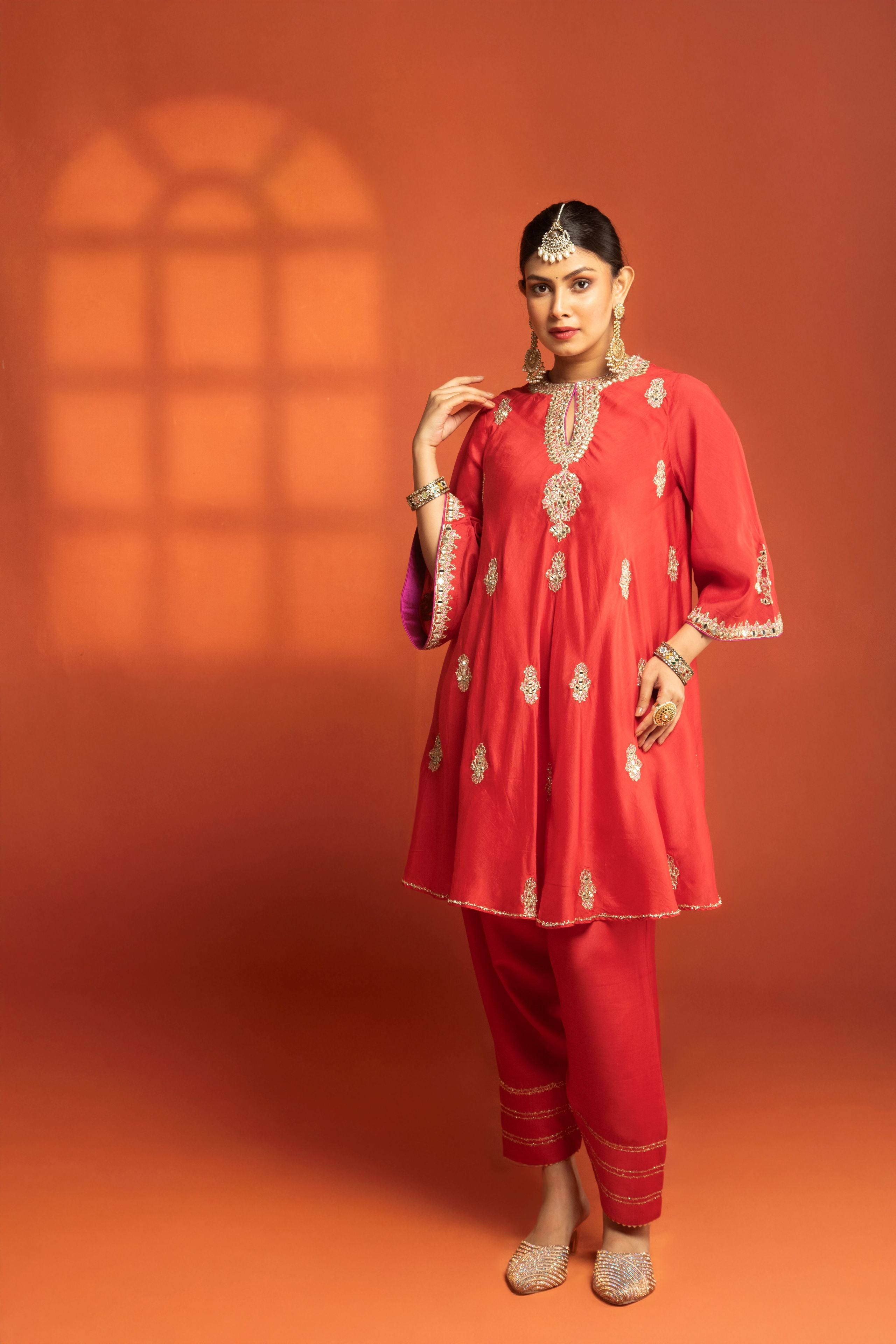 Red Short Flared Kurta with Embroidery, Paired with Salwar Pants & Dupatta
