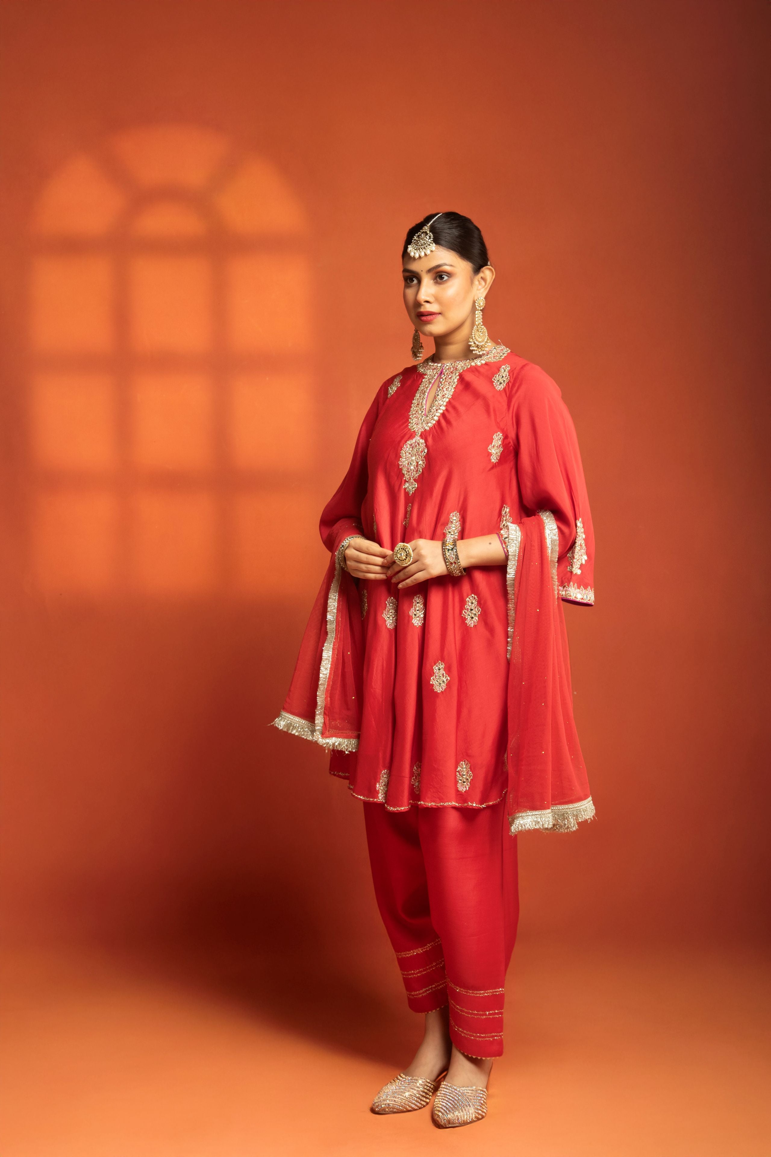 Red Short Flared Kurta with Embroidery, Paired with Salwar Pants & Dupatta