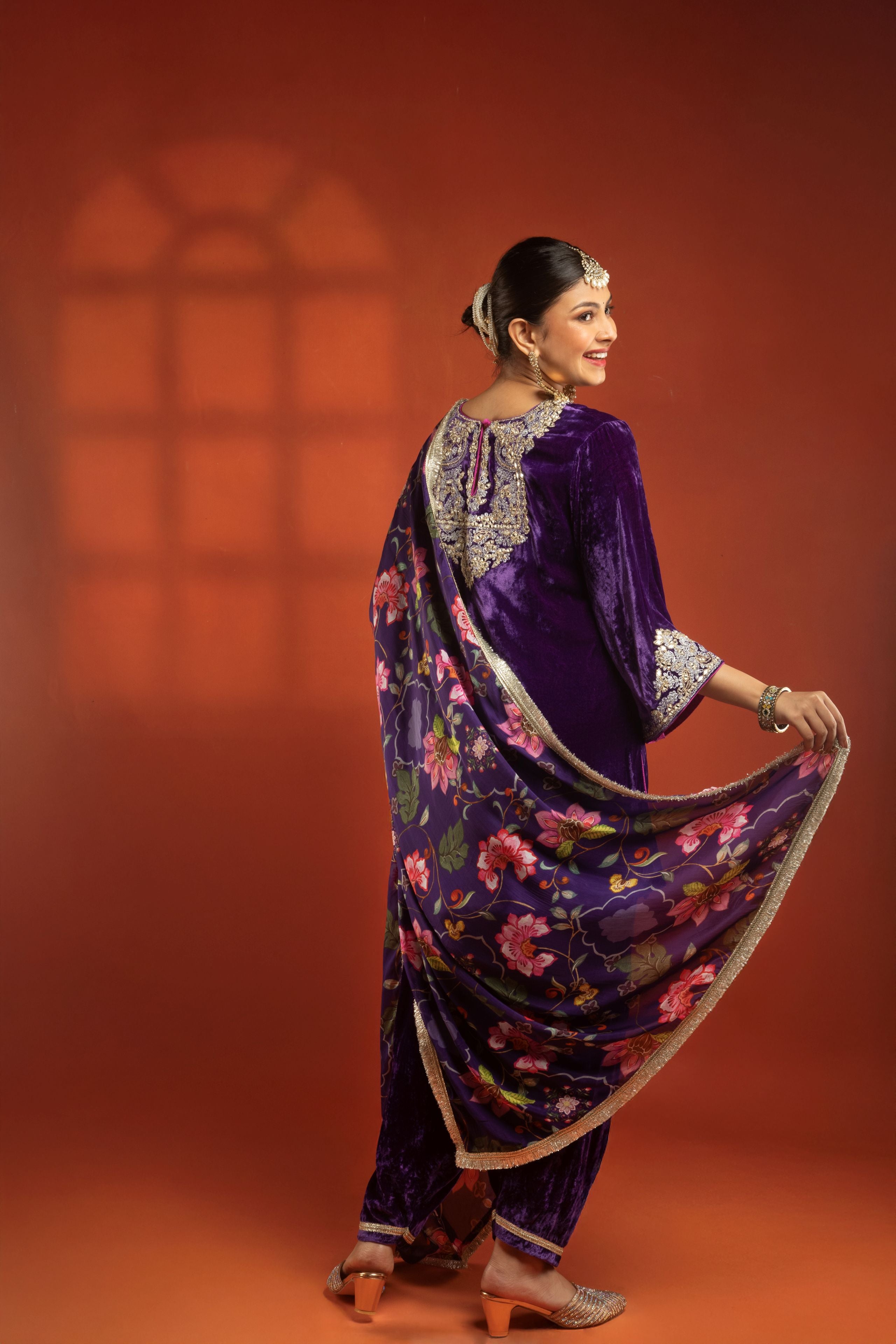 Purple Embroidered Short Kurta with Dhoti Salwar & Printed Dupatta