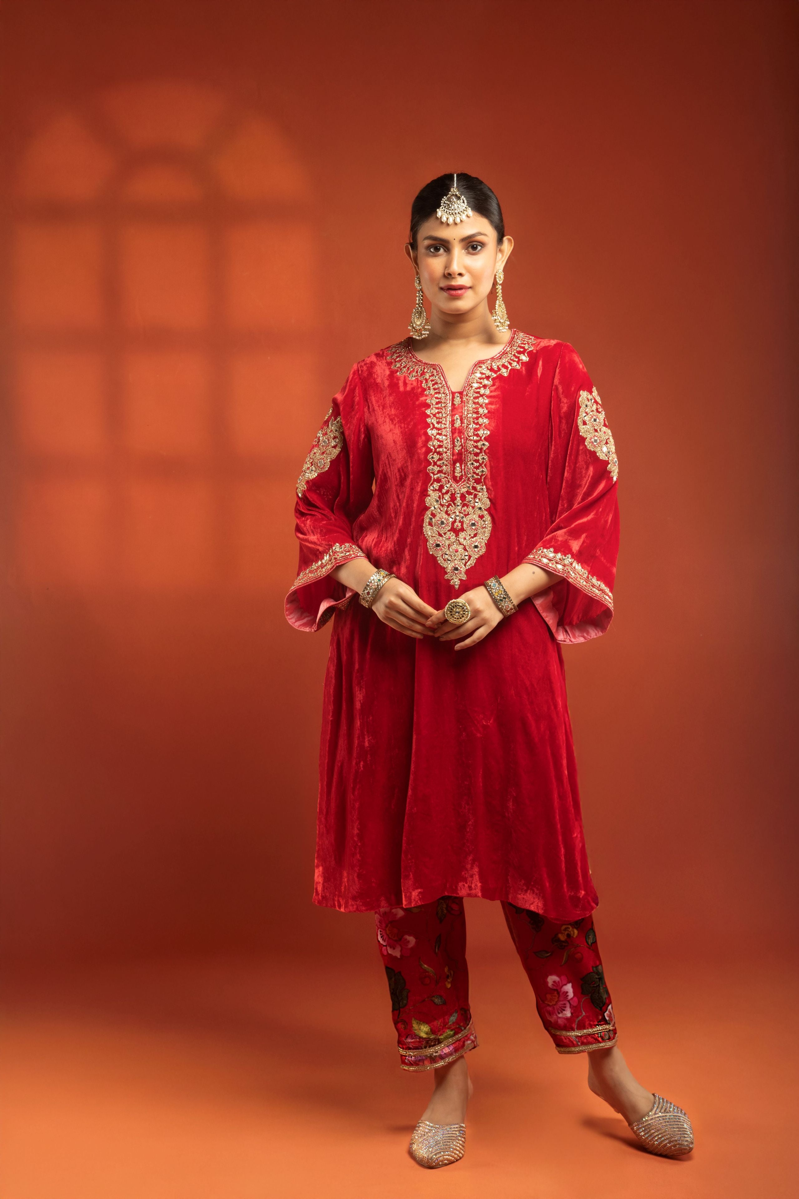 Red Silk Velvet Embroidered Kurta with Printed Salwar Pants & Dupatta