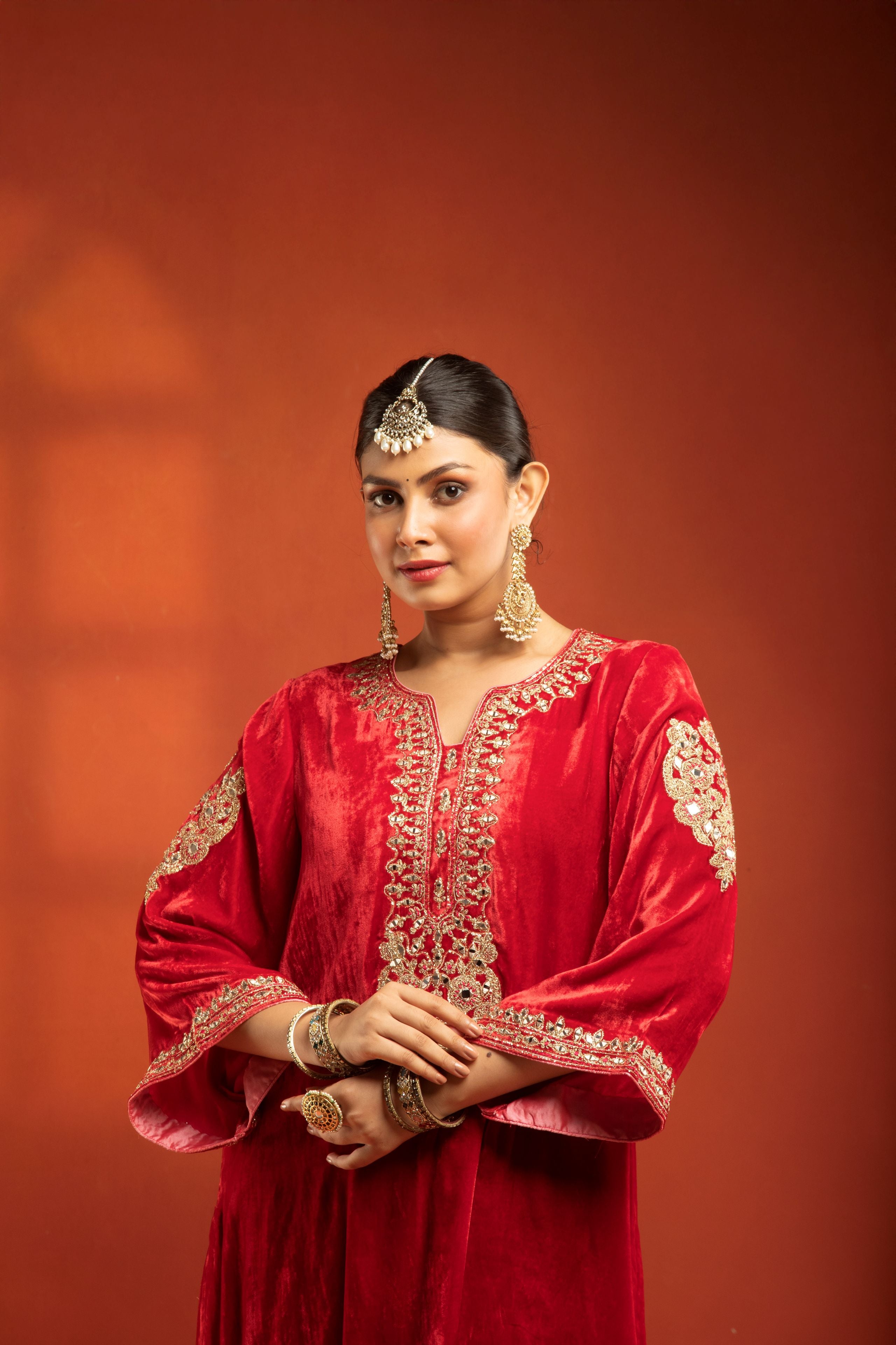Red Silk Velvet Embroidered Kurta with Printed Salwar Pants & Dupatta