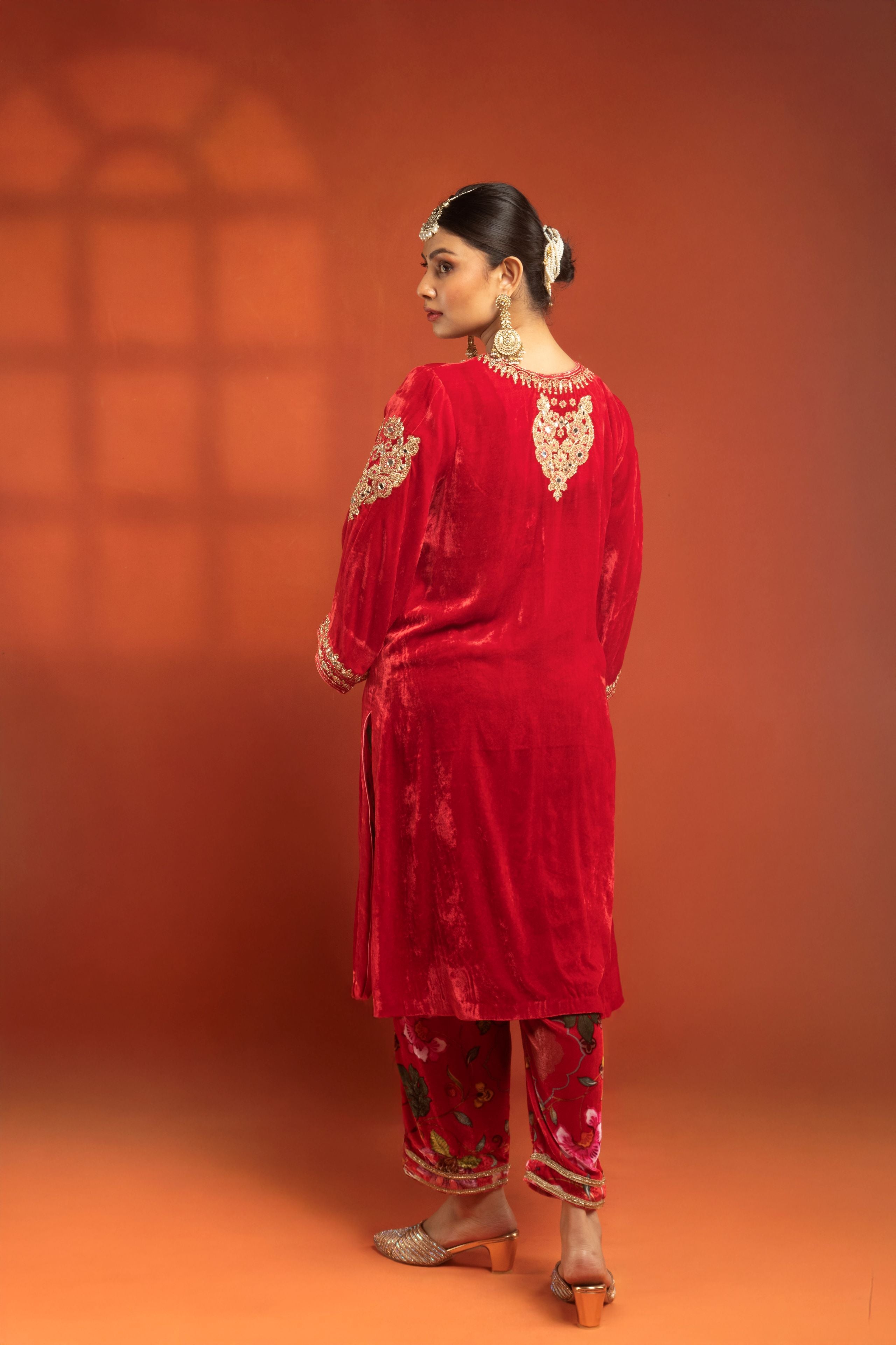 Red Silk Velvet Embroidered Kurta with Printed Salwar Pants & Dupatta