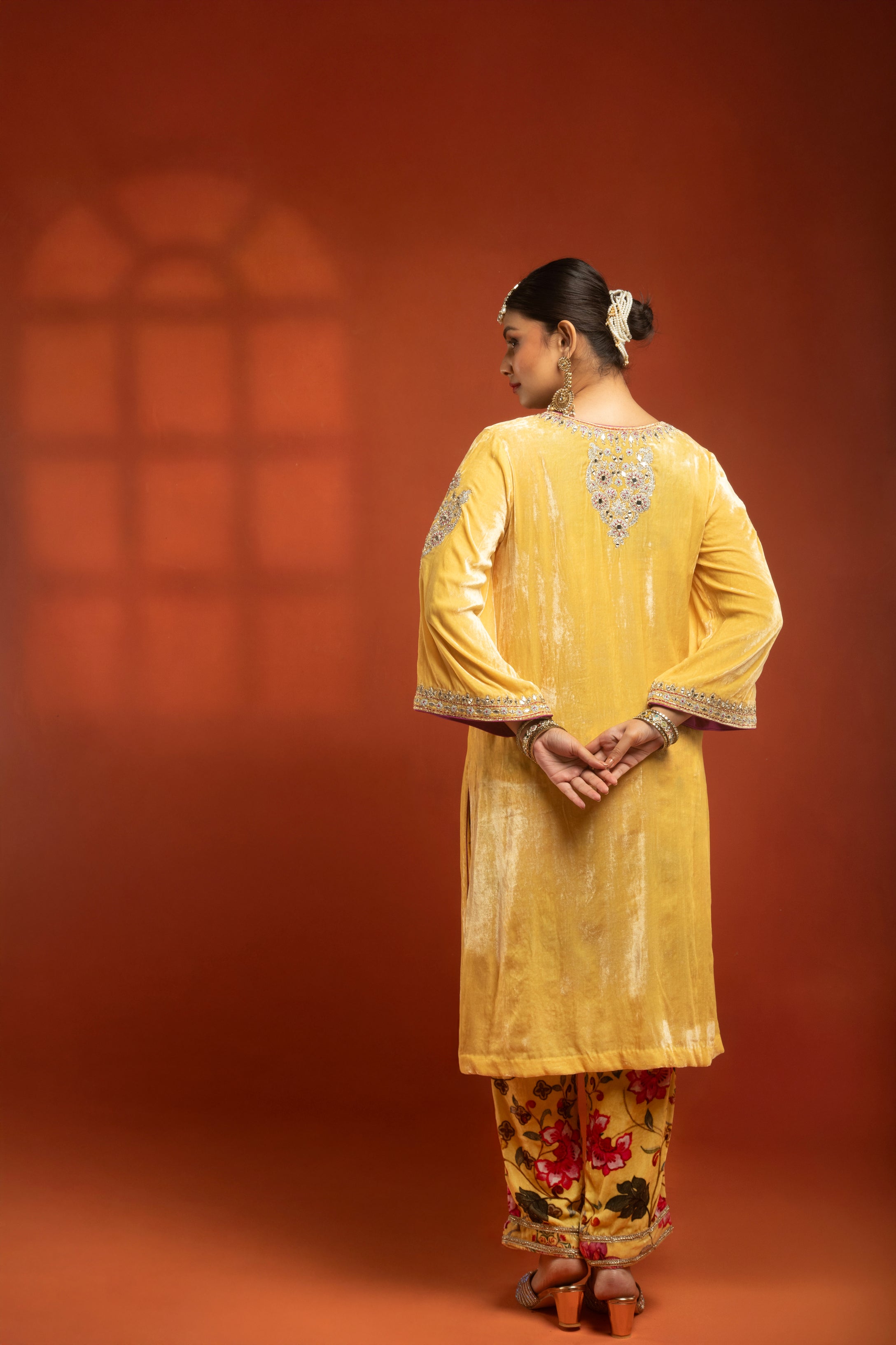 Yellow Silk Velvet Embroidered Kurta with Printed Salwar Pants & Dupatta