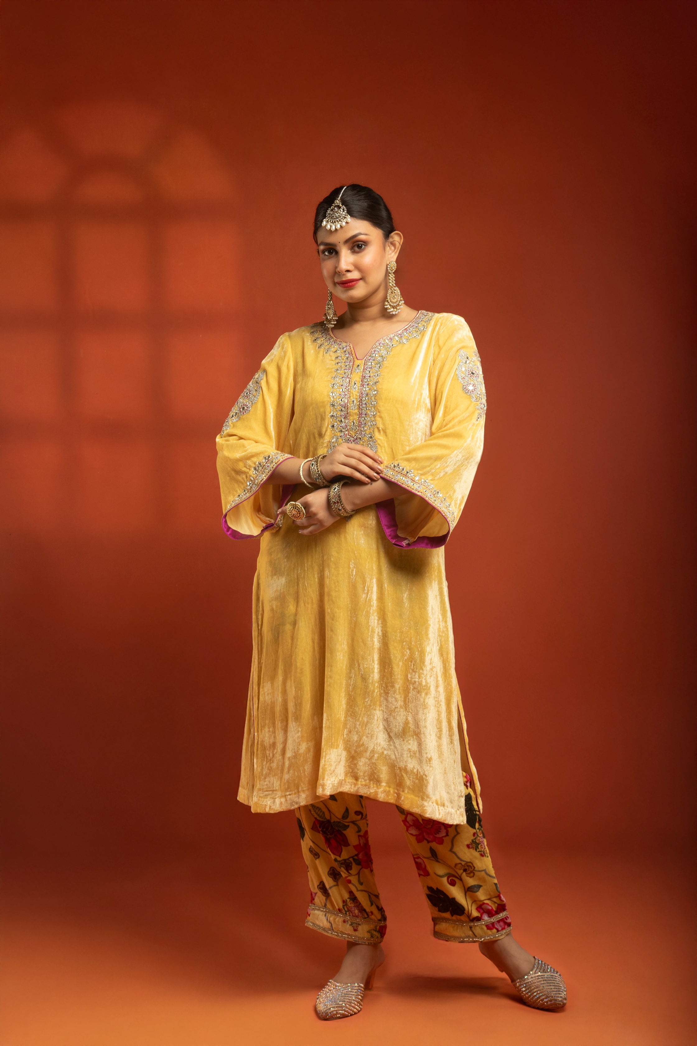 Yellow Silk Velvet Embroidered Kurta with Printed Salwar Pants & Dupatta