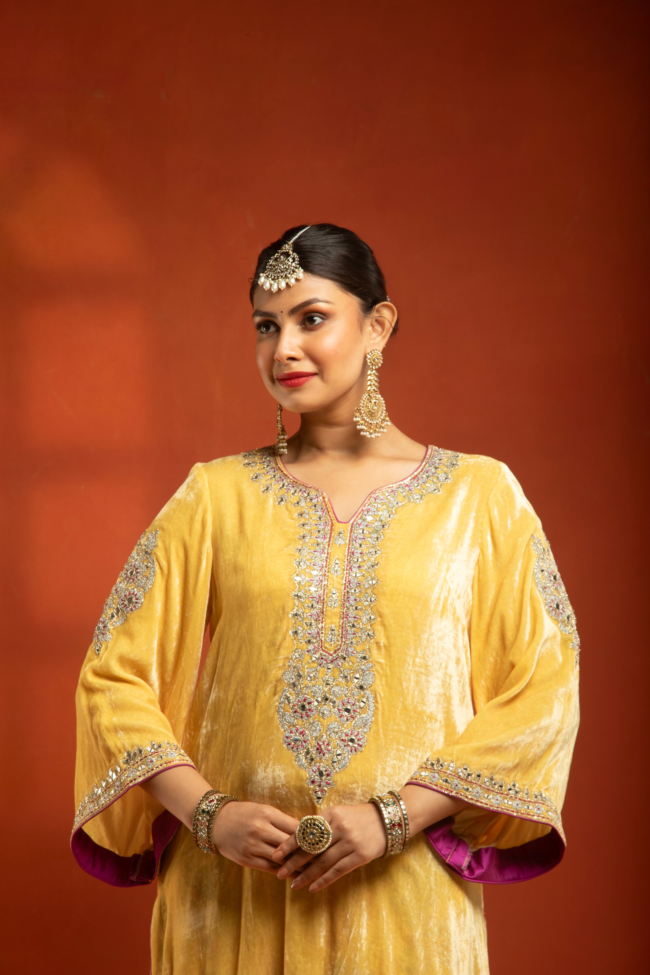 Yellow Silk Velvet Embroidered Kurta with Printed Salwar Pants & Dupatta