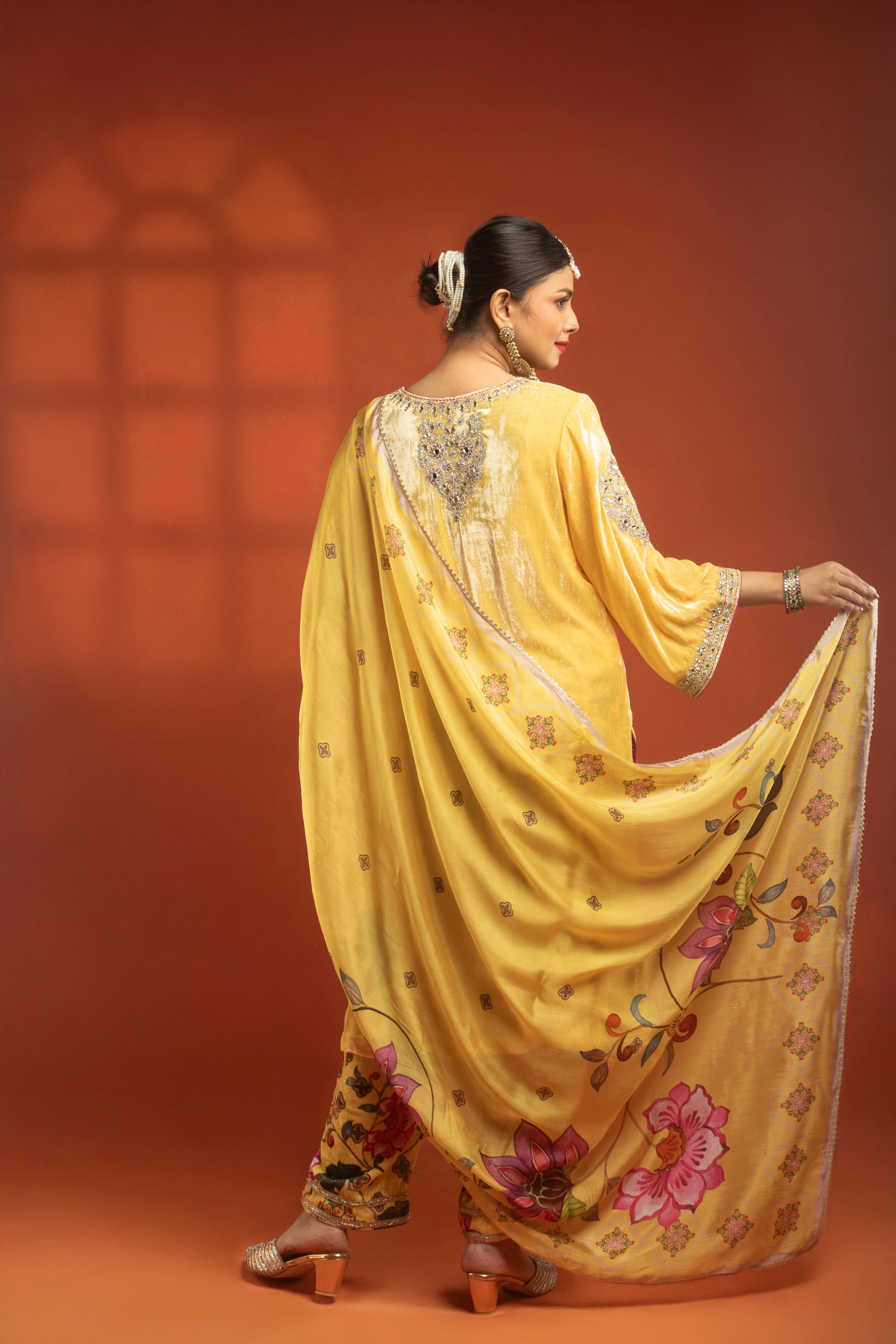 Yellow Silk Velvet Embroidered Kurta with Printed Salwar Pants & Dupatta
