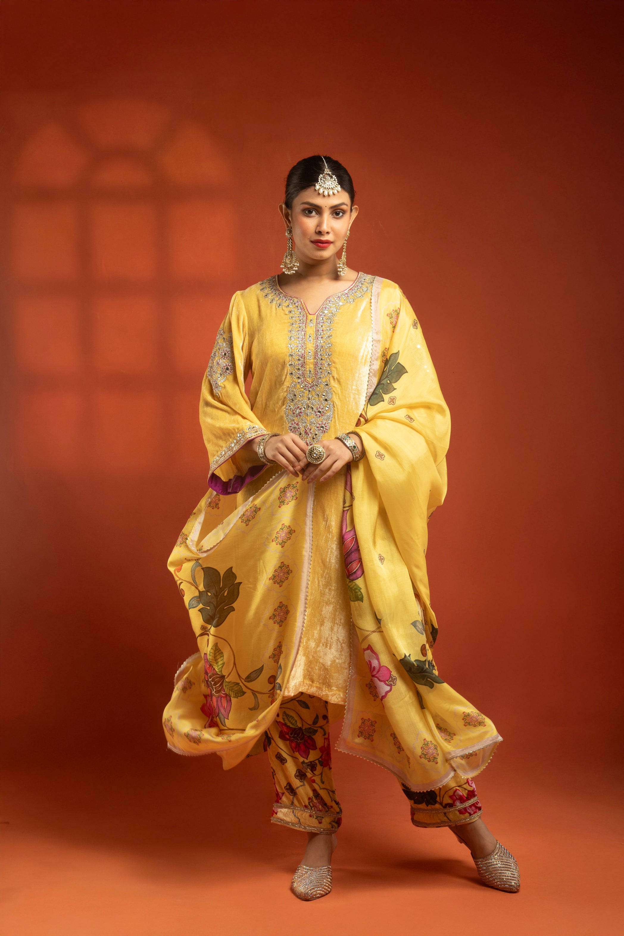 Yellow Silk Velvet Embroidered Kurta with Printed Salwar Pants & Dupatta