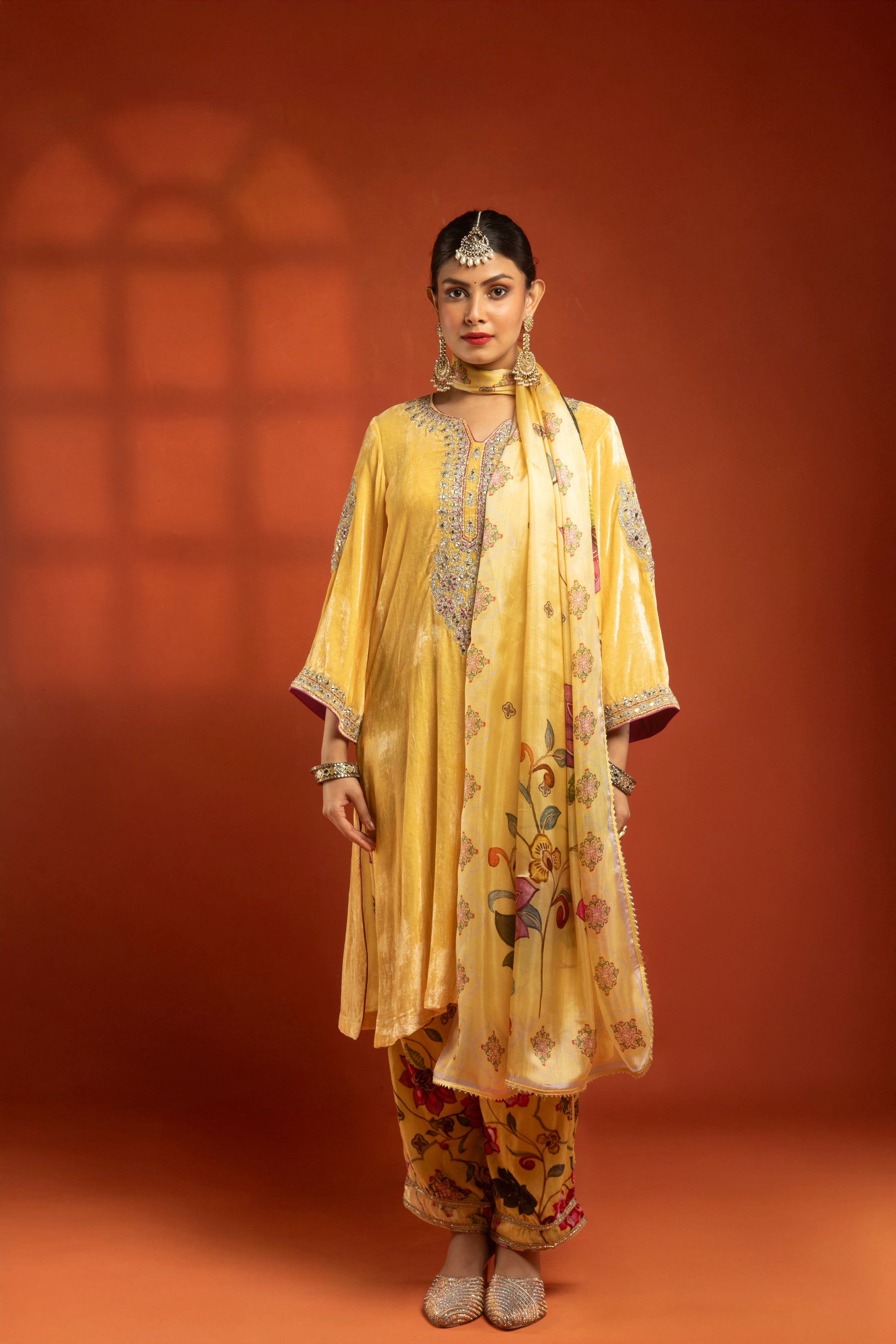 Yellow Silk Velvet Embroidered Kurta with Printed Salwar Pants & Dupatta
