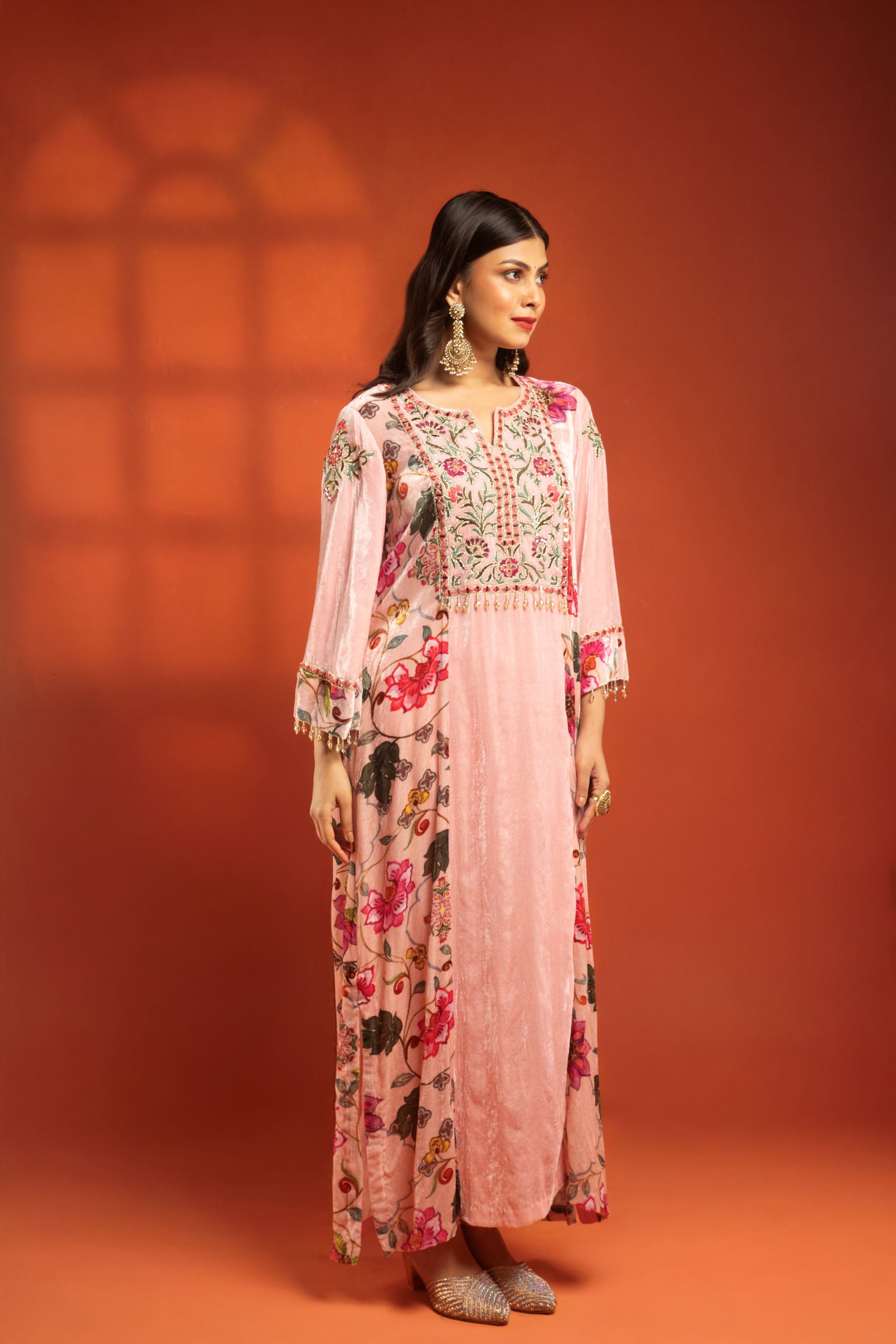 Pink Side Panel Printed Embroidered Long Kurta Dress with Churidar
