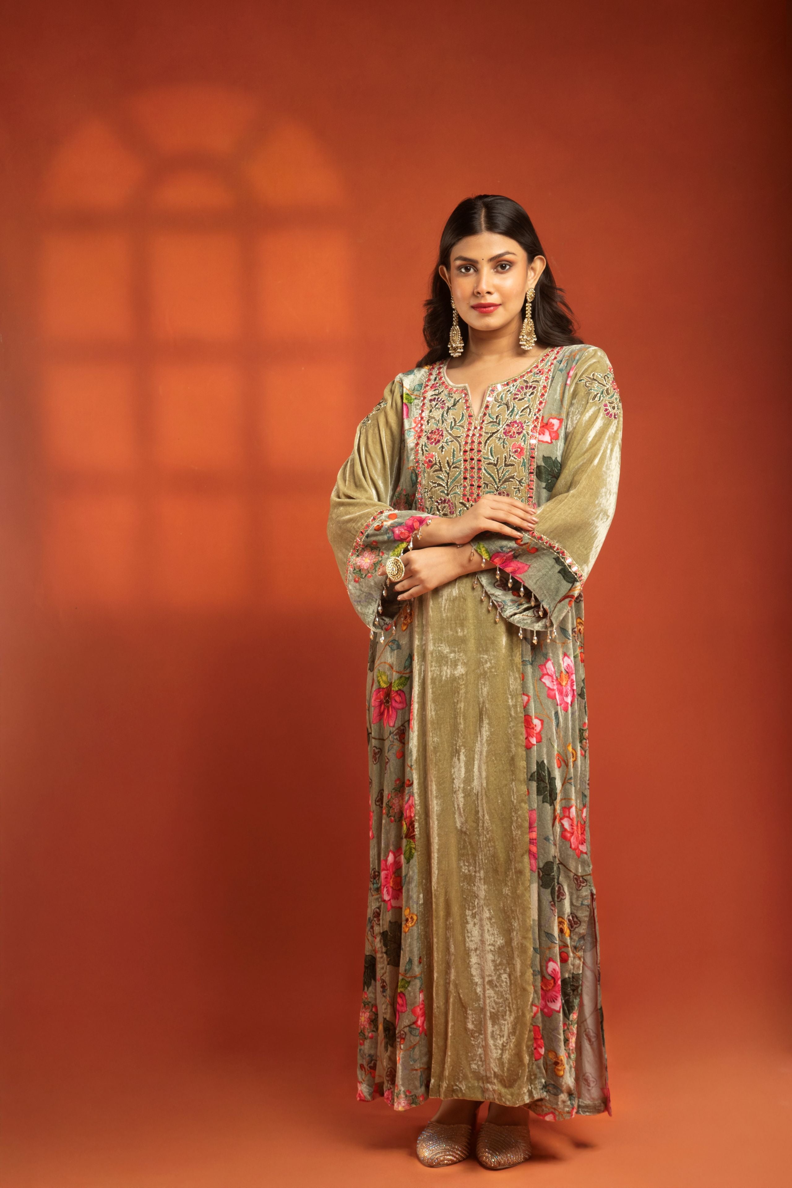 Green Side Panel Printed Embroidered Long Kurta Dress with Churidar
