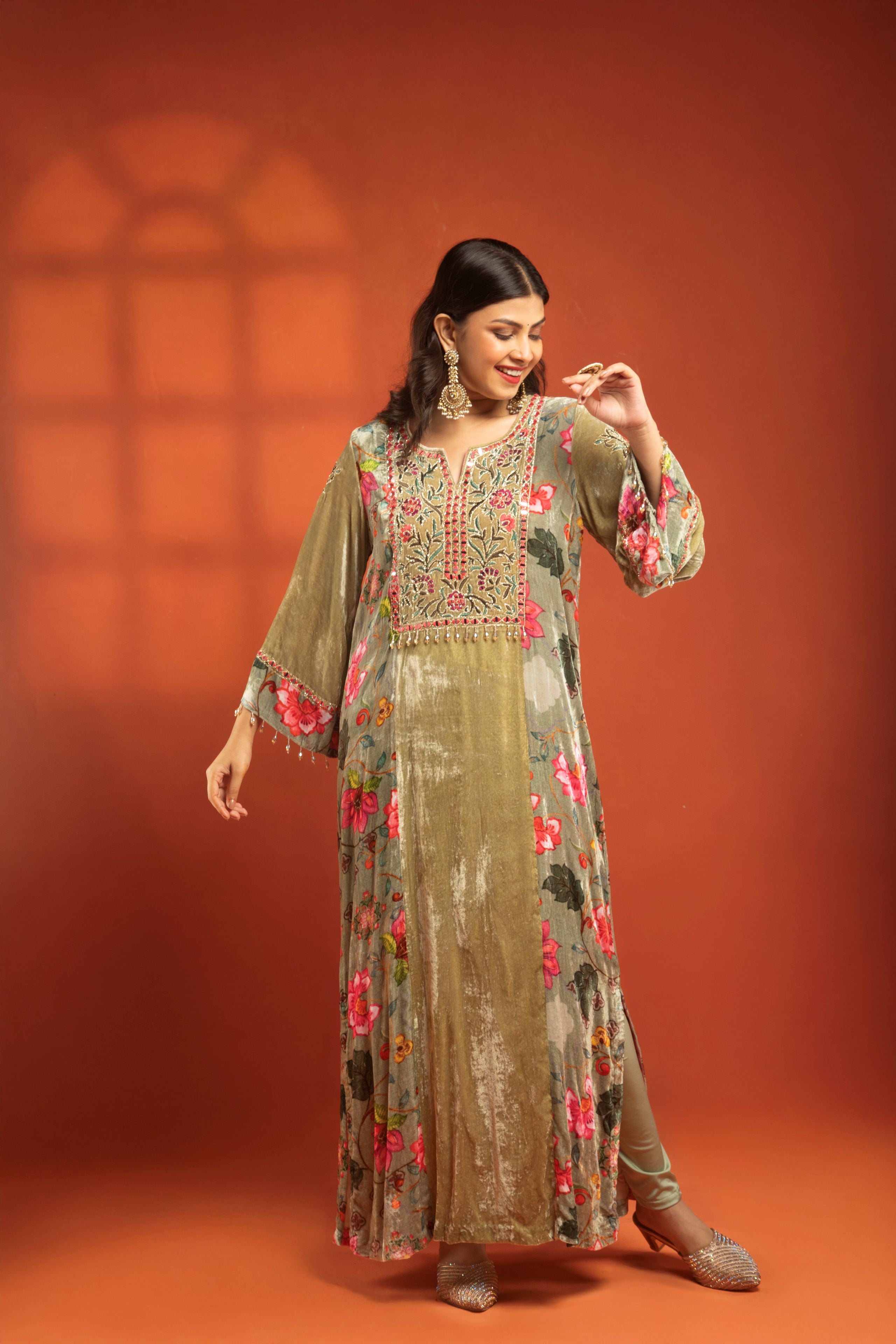 Green Side Panel Printed Embroidered Long Kurta Dress with Churidar
